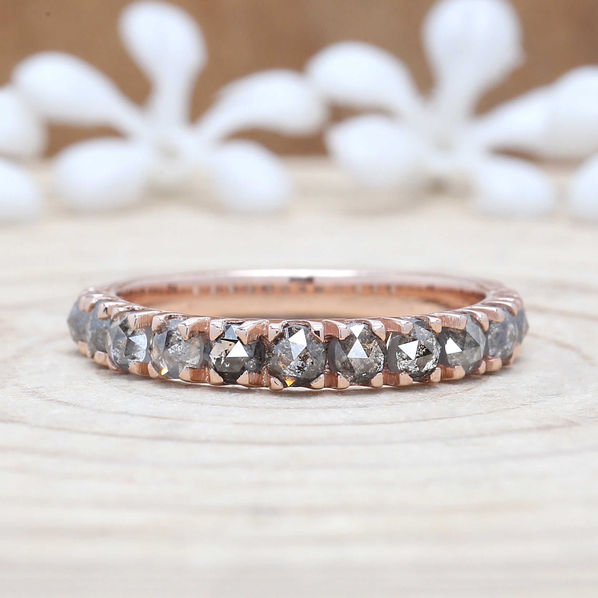 1.25 CT Salt And Pepper Band, Round Rose Cut Diamond Band, Engagement Band, 14K Rose Gold Band, Wedding Band, Gift For Her KD923