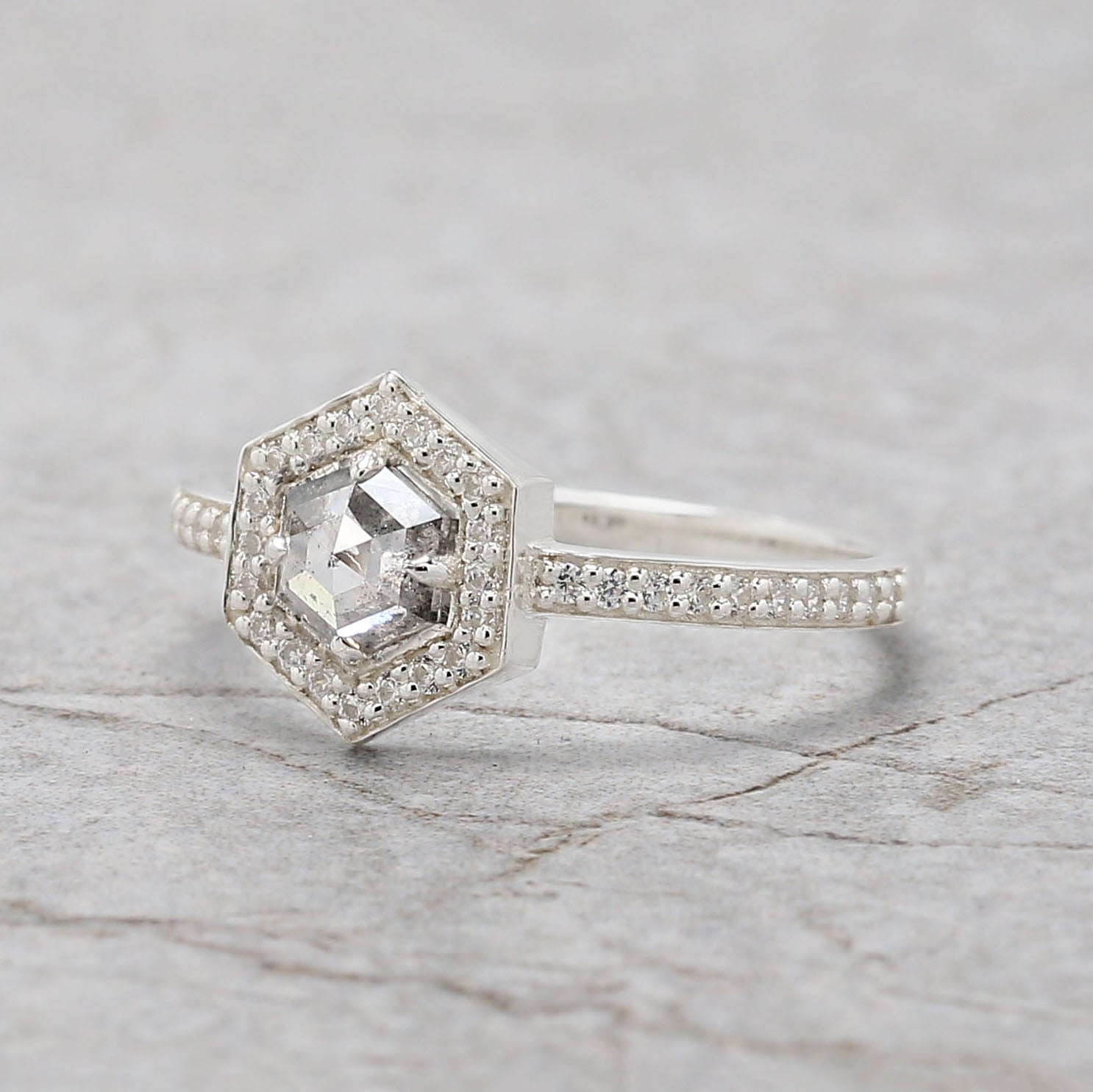 Hexagon Salt And Pepper Diamond Ring 0.39 Ct 5.11 MM Hexagon Diamond Ring 14K Solid White Gold Silver Engagement Ring Gift For Her QL2521