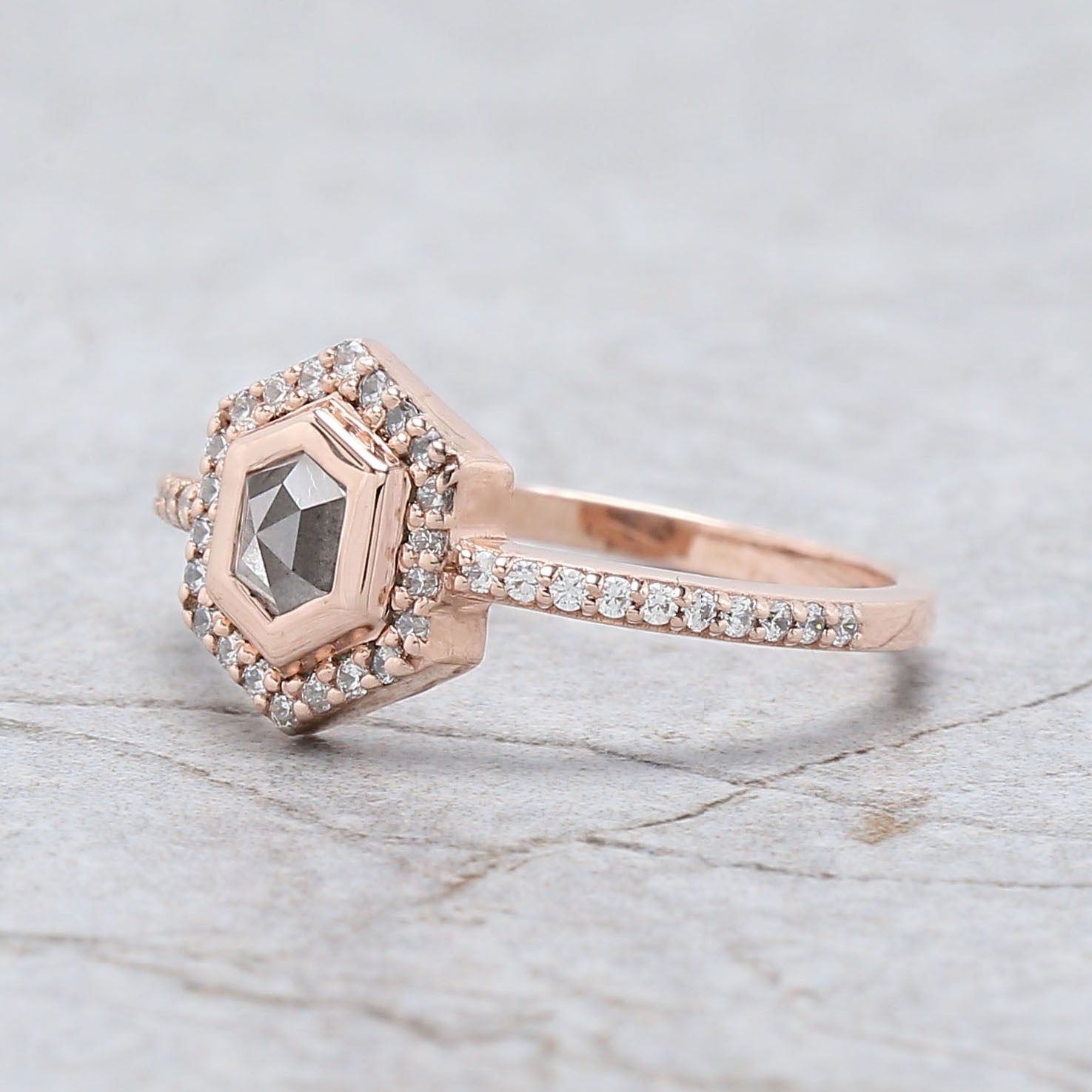 Hexagon Cut Salt And Pepper Diamond Ring 0.46 Ct 5.45 MM Hexagon Cut Diamond Ring 14K Rose Gold Silver Engagement Ring Gift For Her QL9681