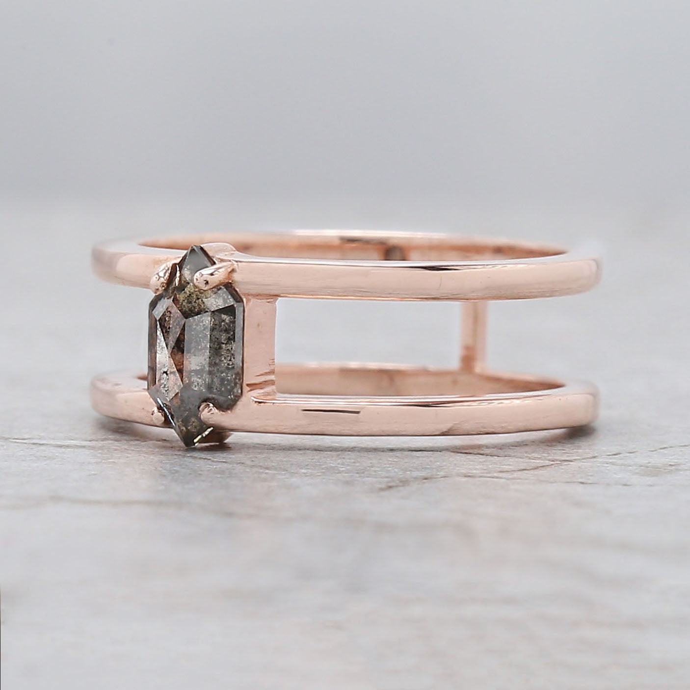 Hexagon Cut Salt And Pepper Diamond Ring 0.61 Ct 7.64 MM Hexagon Cut Diamond Ring 14K Rose Gold Silver Engagement Ring Gift For Her QL9458