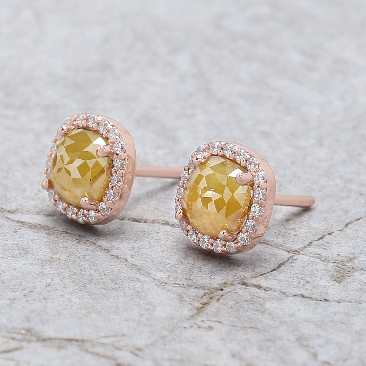 Cushion Cut Yellow Color Diamond Earring 1.28 Ct 5.50 MM Cushion Shape Diamond Earring 14K Solid Rose Gold Silver Engagement Earring QLB2498