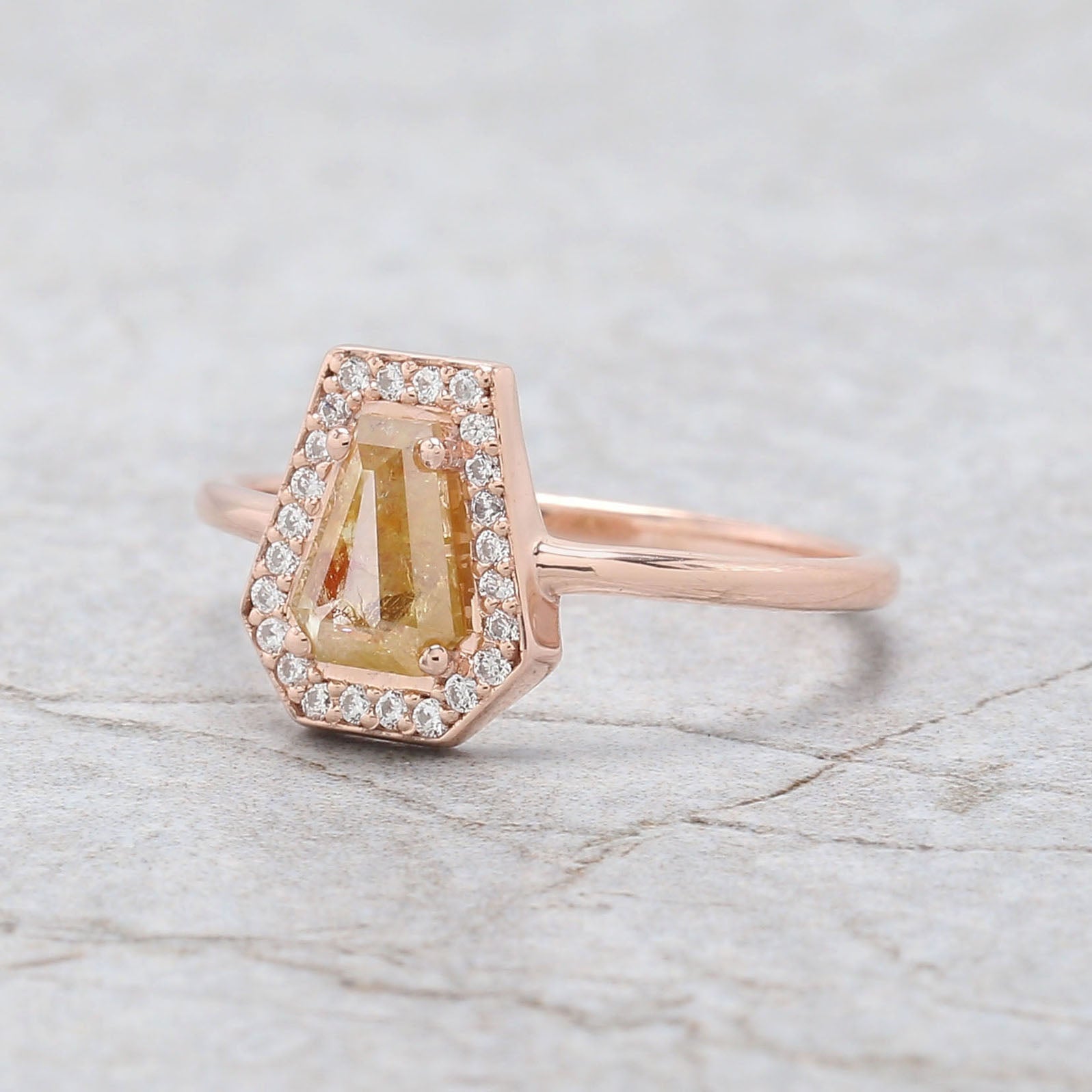 Coffin Cut Yellow Color Diamond Ring 0.66 Ct 6.56 MM Coffin Diamond Ring 14K Solid Rose Gold Silver Engagement Ring Gift For Her QN1988