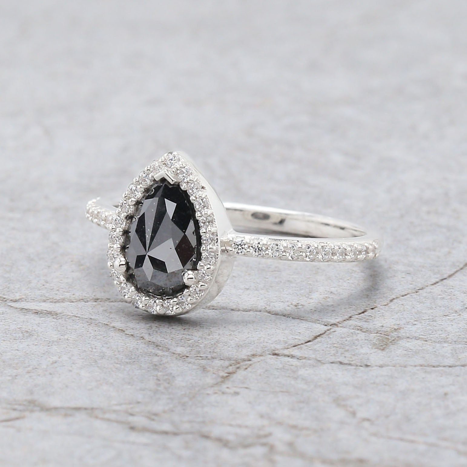 Pear Shape Black Color Diamond Ring 0.89 Ct 7.65 MM Pear Cut Diamond Ring 14K Solid White Gold Silver Engagement Ring Gift For Her QN1754