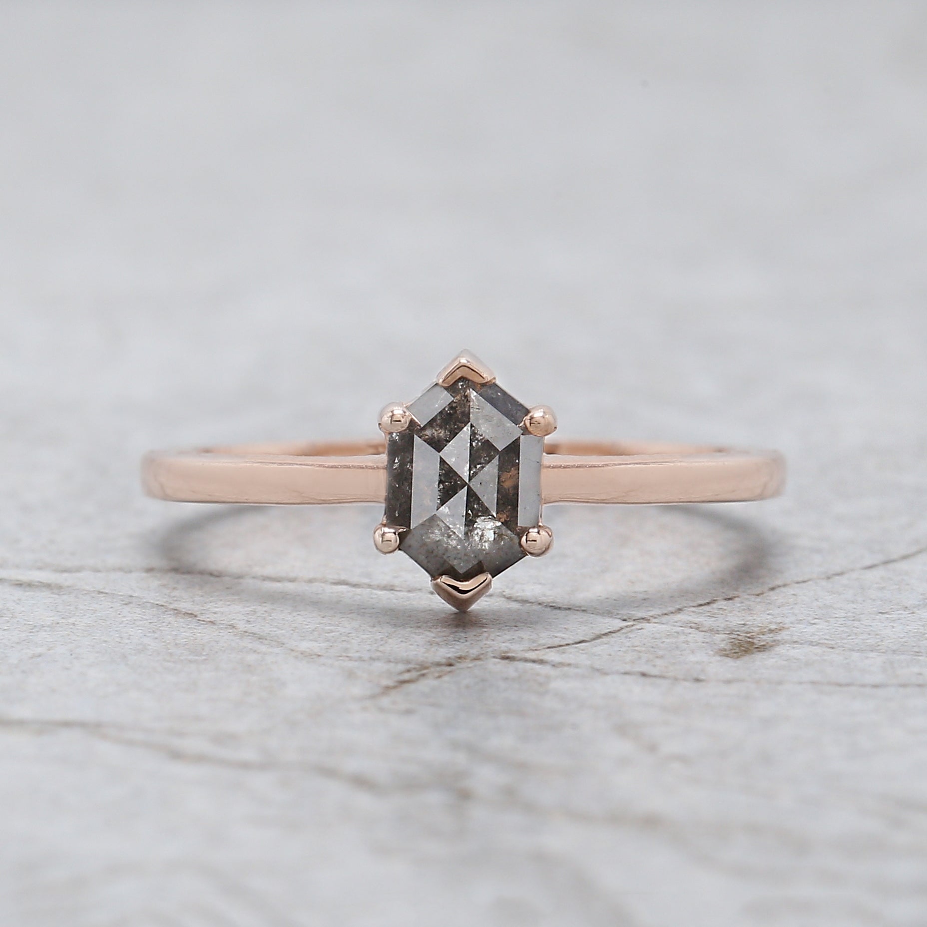 Hexagon Salt And Pepper Diamond Ring Engagement Wedding Gift Ring 14K Solid Rose White Yellow Gold Ring Set 0.70 CT QL8153