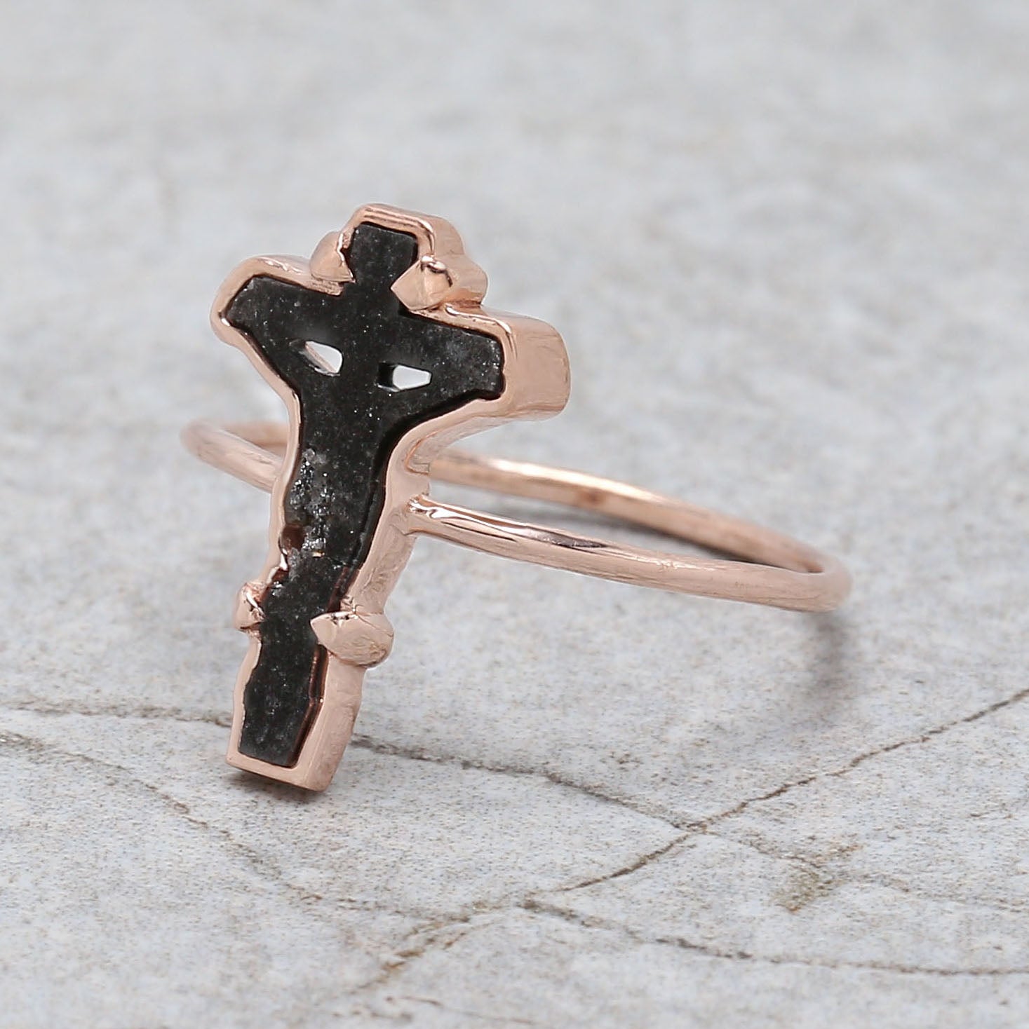 Cross With Jesus Black Color Diamond Ring Engagement Wedding Gift Ring 14K Solid Rose White Yellow Gold Ring 0.61 CT KDL832