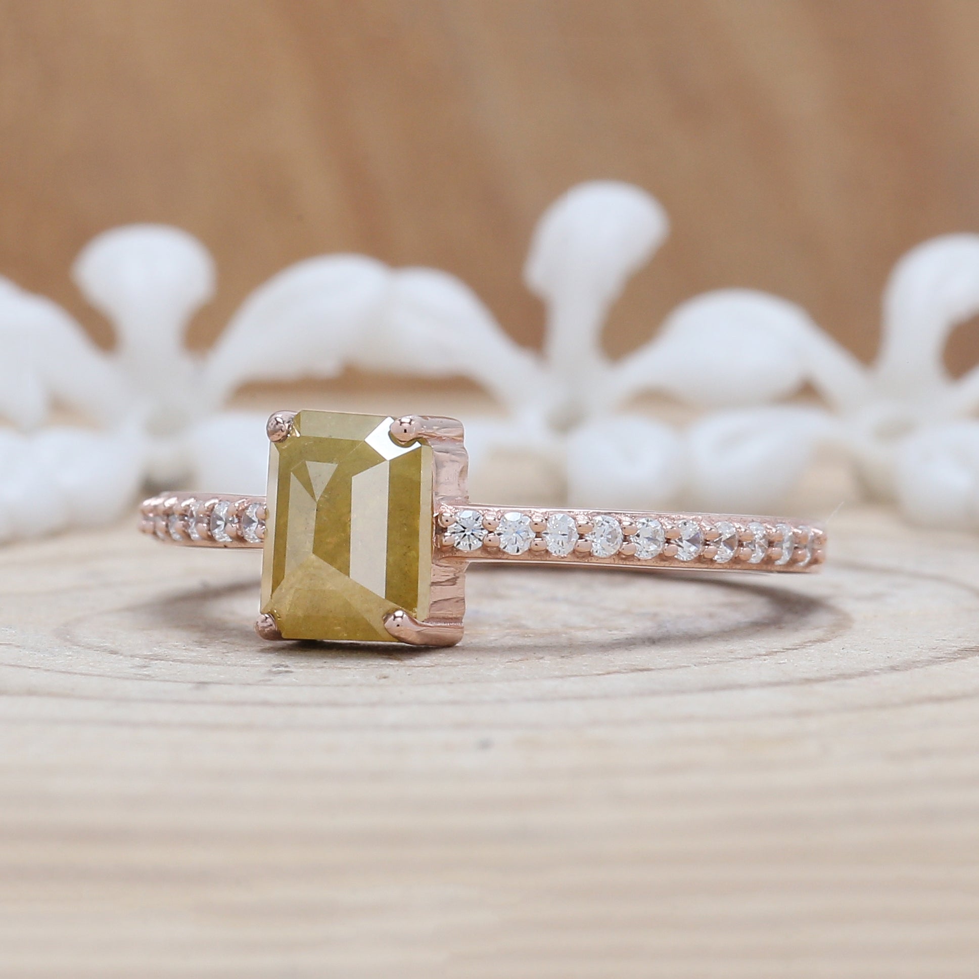 1.24 CT Green Yellow Diamond Ring, Emerald Diamond Ring, Engagement Ring, Rose Cut Diamond Ring, 14K Rose Gold Ring, Wedding Ring, KDN630