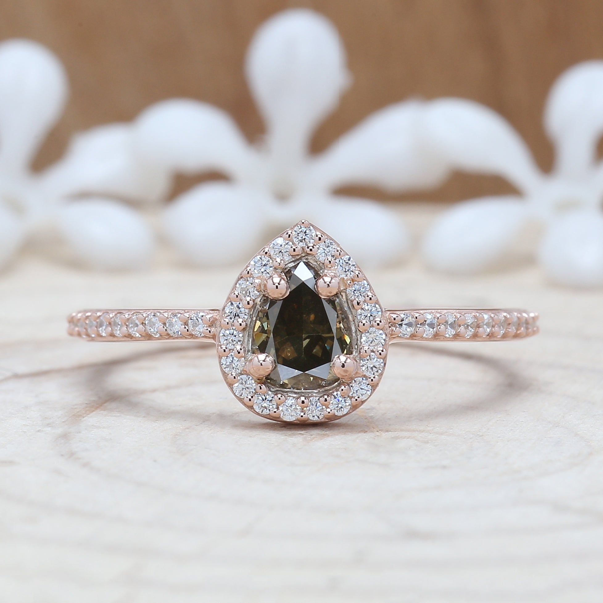 Pear Cut Green Color Diamond Ring 0.37 Ct 5.45 MM Pear Shape Diamond Ring 14K Solid Rose Gold Silver Engagement Ring Gift For Her QL5135