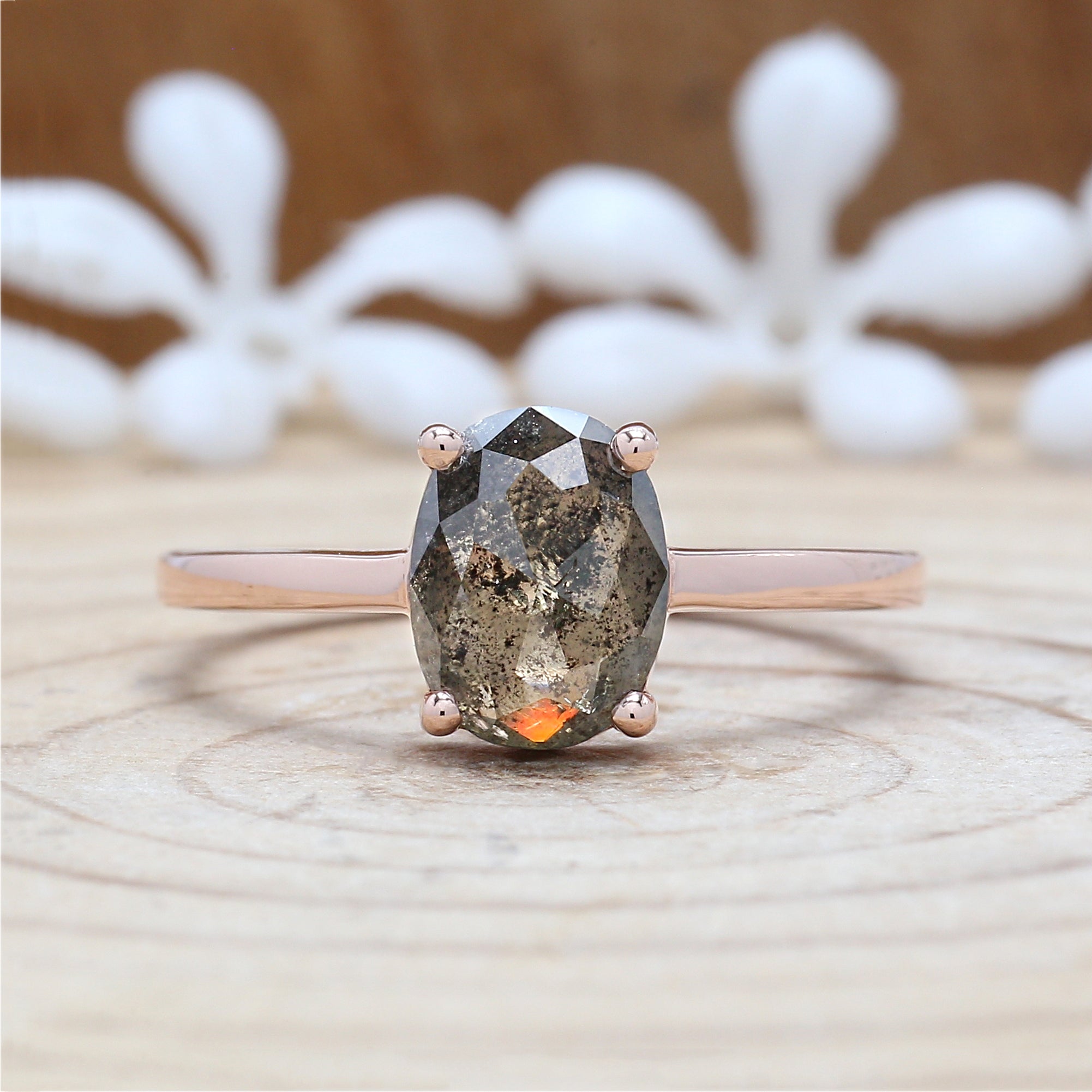 Oval Cut Salt And Pepper Diamond Ring 1.61 Ct 8.55 MM Oval Diamond Ring 14K Solid Rose Gold Silver Oval Engagement Ring Gift For Her QN870