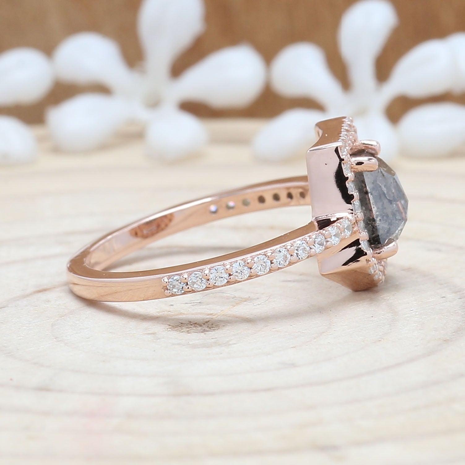 Coffin Cut Salt And Pepper Diamond Ring 1.03 Ct 6.30 MM Coffin Diamond Ring 14K Solid Rose Gold Silver Engagement Ring Gift For Her QL7466
