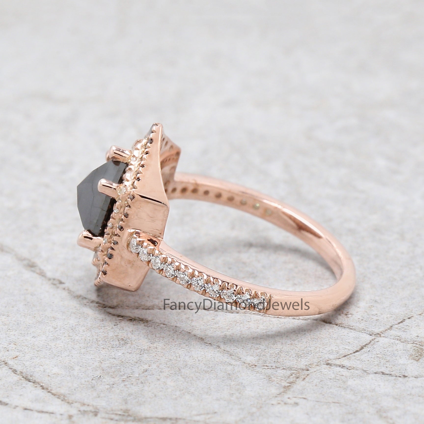 Hexagon Black Color Diamond Ring 1.26 Ct 7.95 MM Hexagon Shape Diamond Ring 14K Solid Rose Gold Silver Engagement Ring Gift For Her QL9083