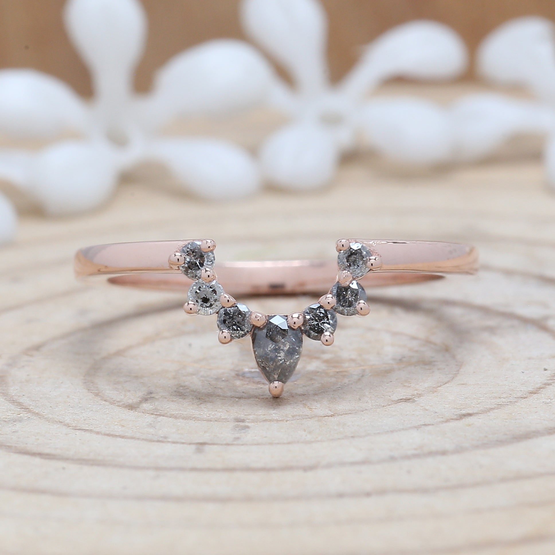 0.93 CT Salt And Pepper Diamond Ring, Pear Diamond Ring, Engagement Ring, 14K Rose Gold Ring, Rose Cut Ring, Wedding Gift For Her KDL680