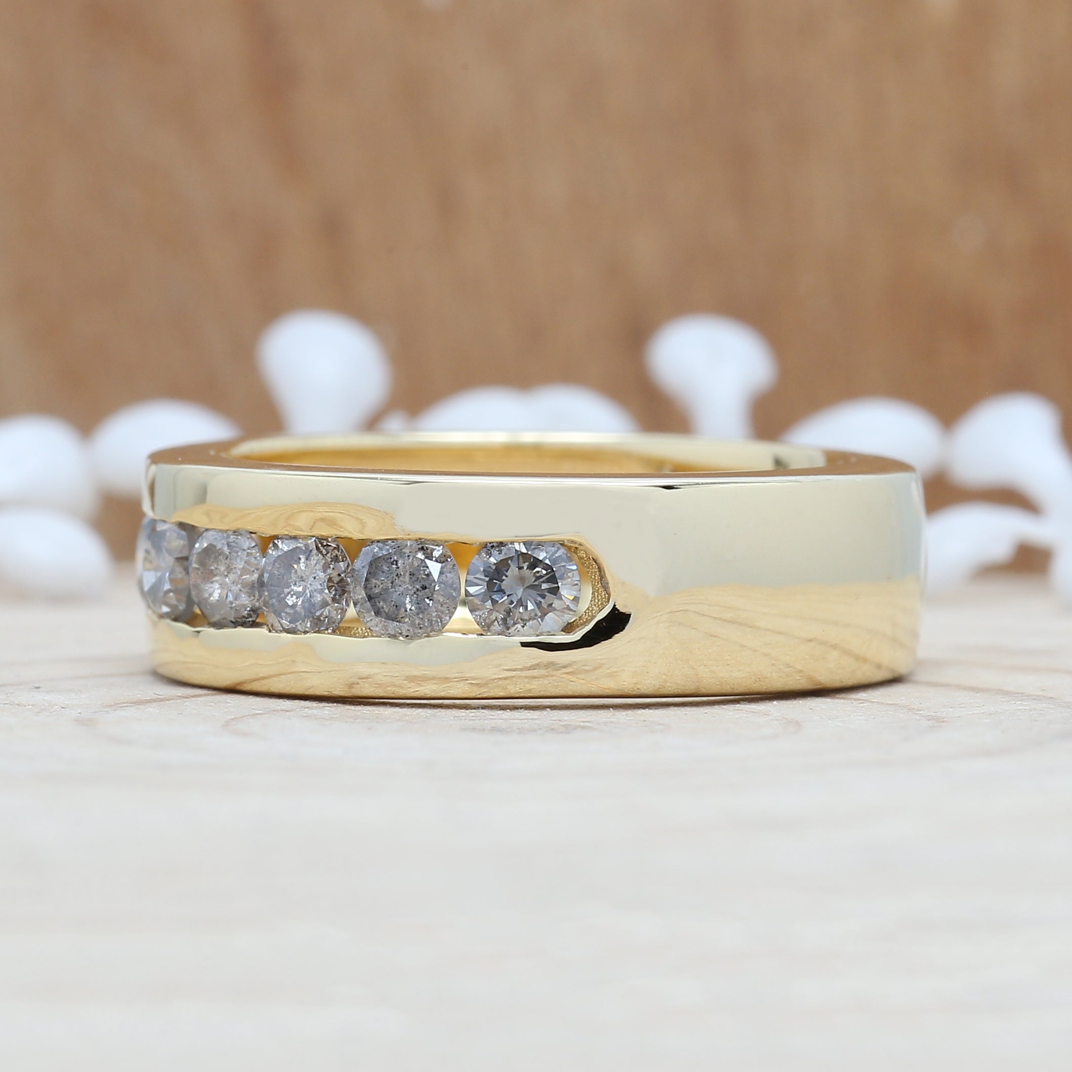 1.29 CT Salt And Pepper Band, Round Brilliant Cut Diamond Band, Engagement Band, 14K Yellow Gold Band, Wedding Band, KD924