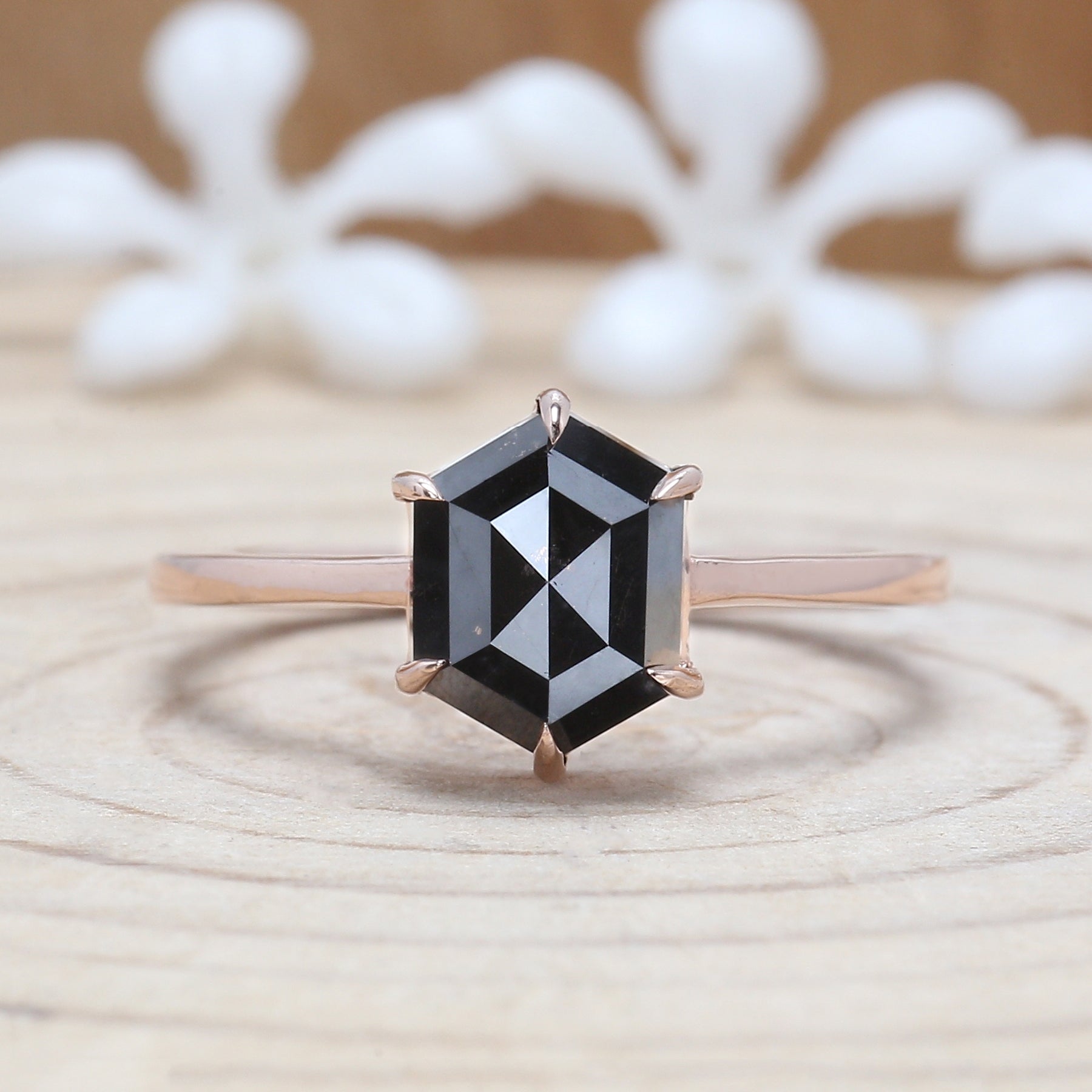 Hexagon Cut Black Color Diamond Ring 2.28 Ct 8.50 MM Hexagon Diamond Ring 14K Rose Gold Silver Hexagon Engagement Ring Gift For Her QL9576