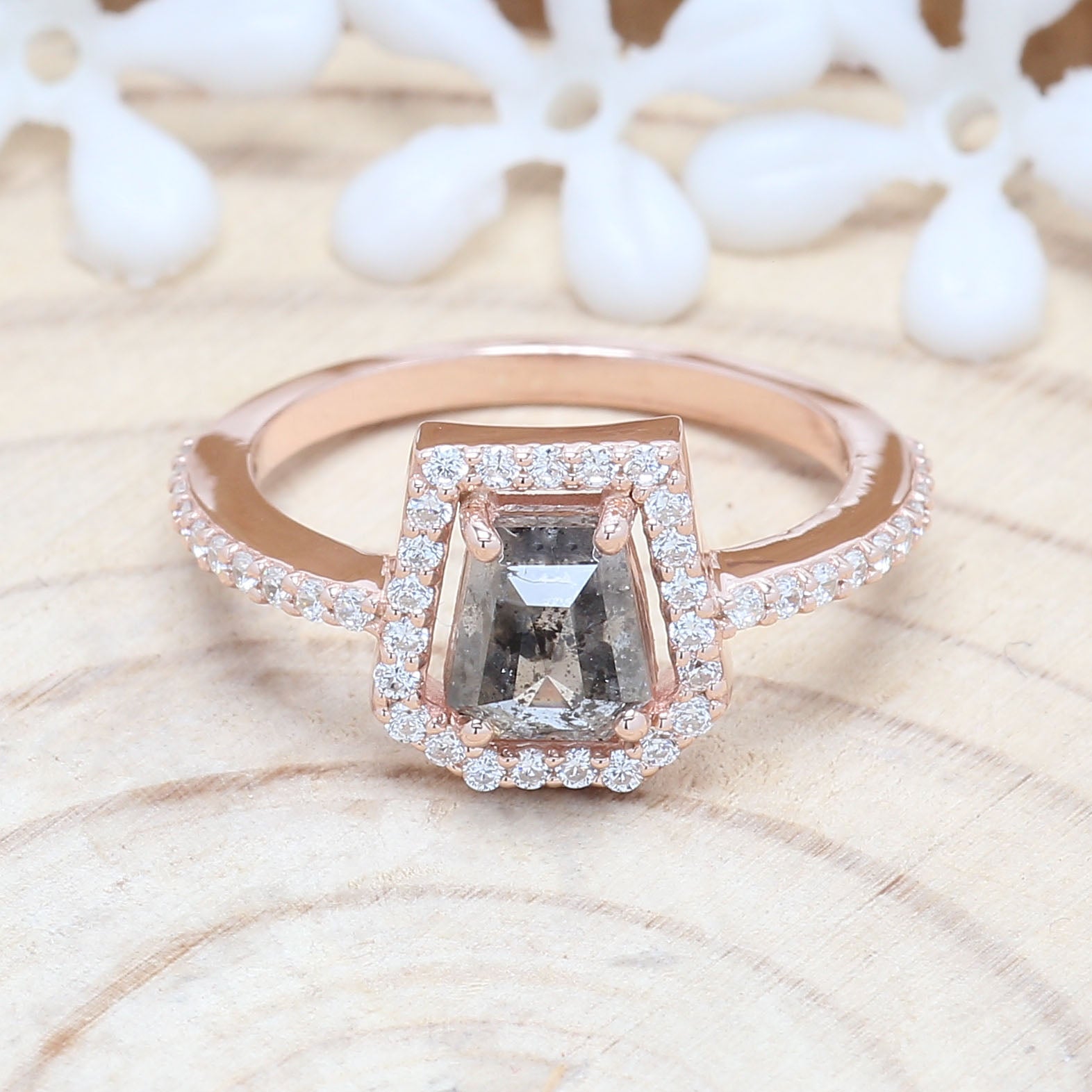Coffin Cut Salt And Pepper Diamond Ring 1.03 Ct 6.30 MM Coffin Diamond Ring 14K Solid Rose Gold Silver Engagement Ring Gift For Her QL7466