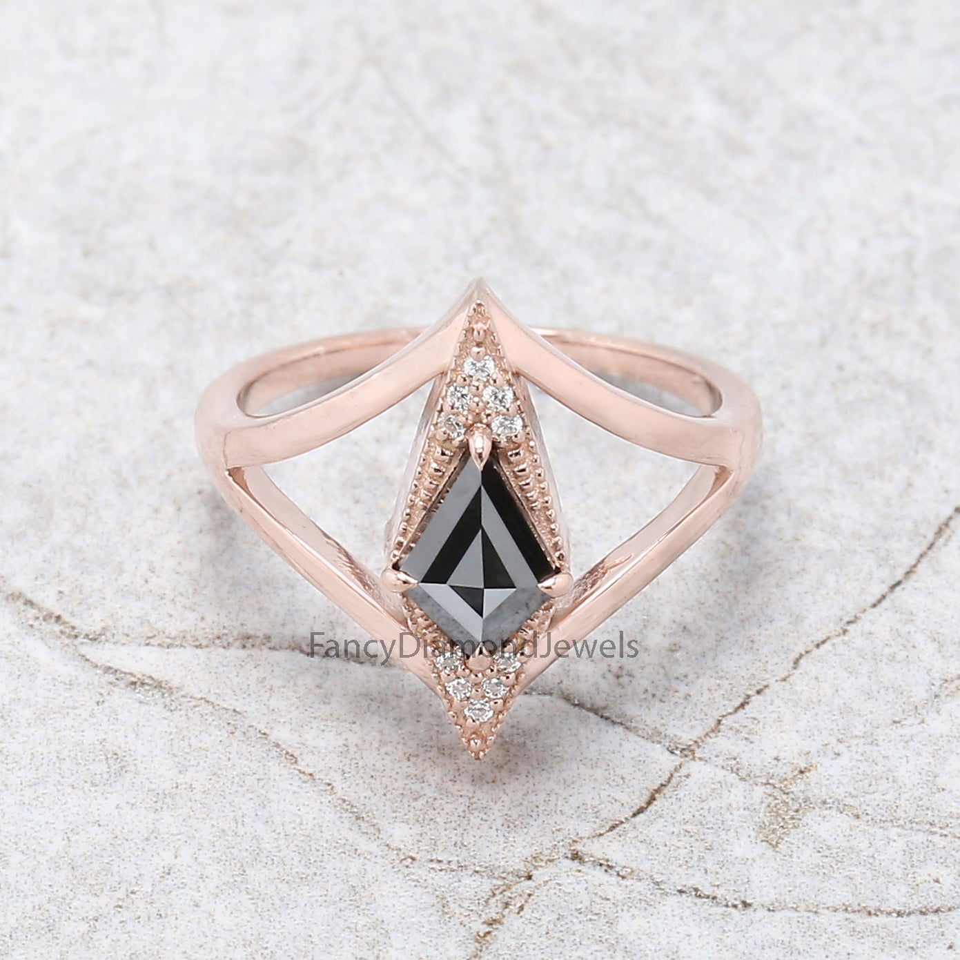 Kite Cut Black Color Diamond Ring 0.56 Ct 7.93 MM Kite Diamond Ring 14K Solid Rose Gold Silver Kite Engagement Ring Gift For Her QN2205