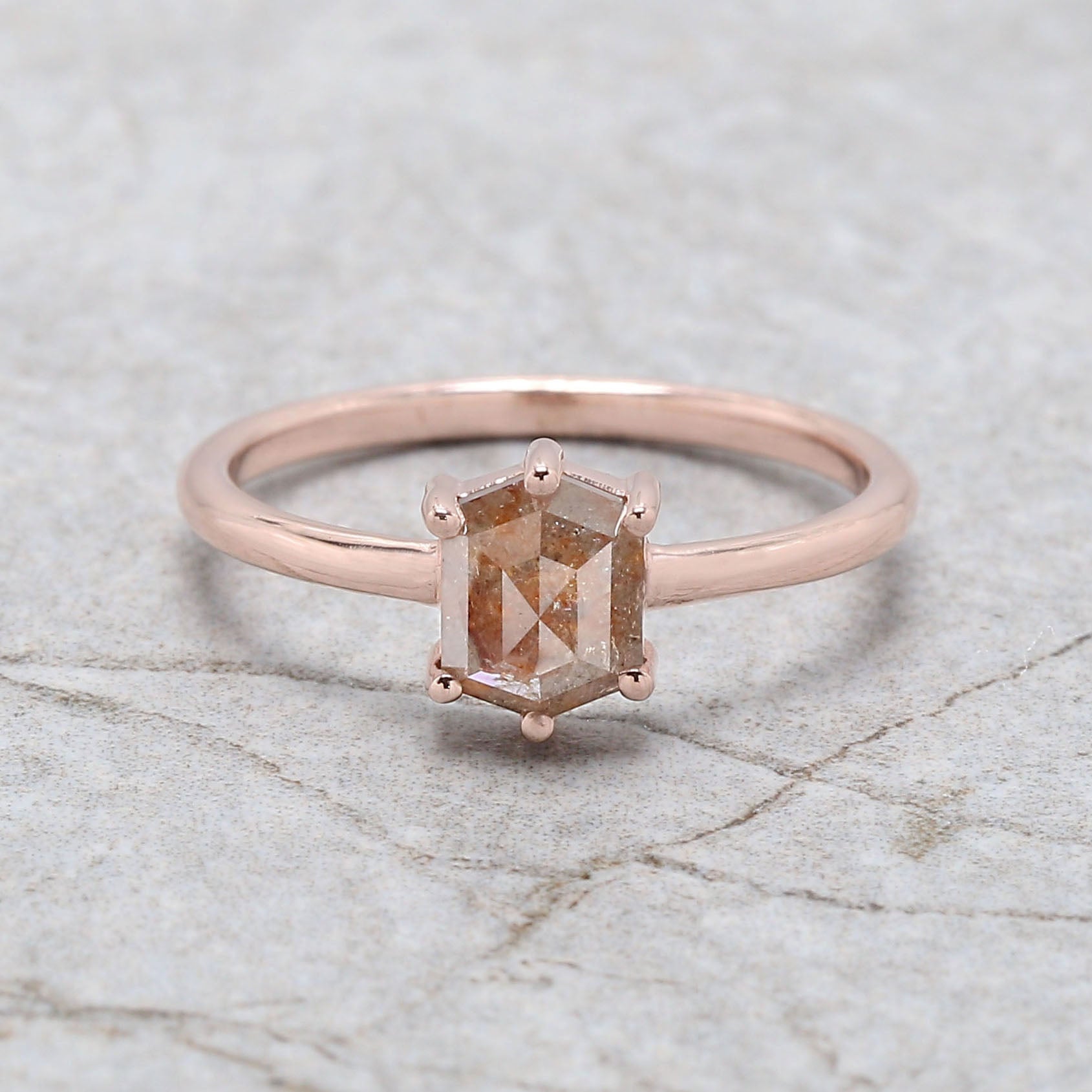 Hexagon Brown Color Diamond Ring 1.16 Ct 6.54 MM Hexagon Shape Diamond Ring 14K Solid Rose Gold Silver Engagement Ring Gift For Her QN2181