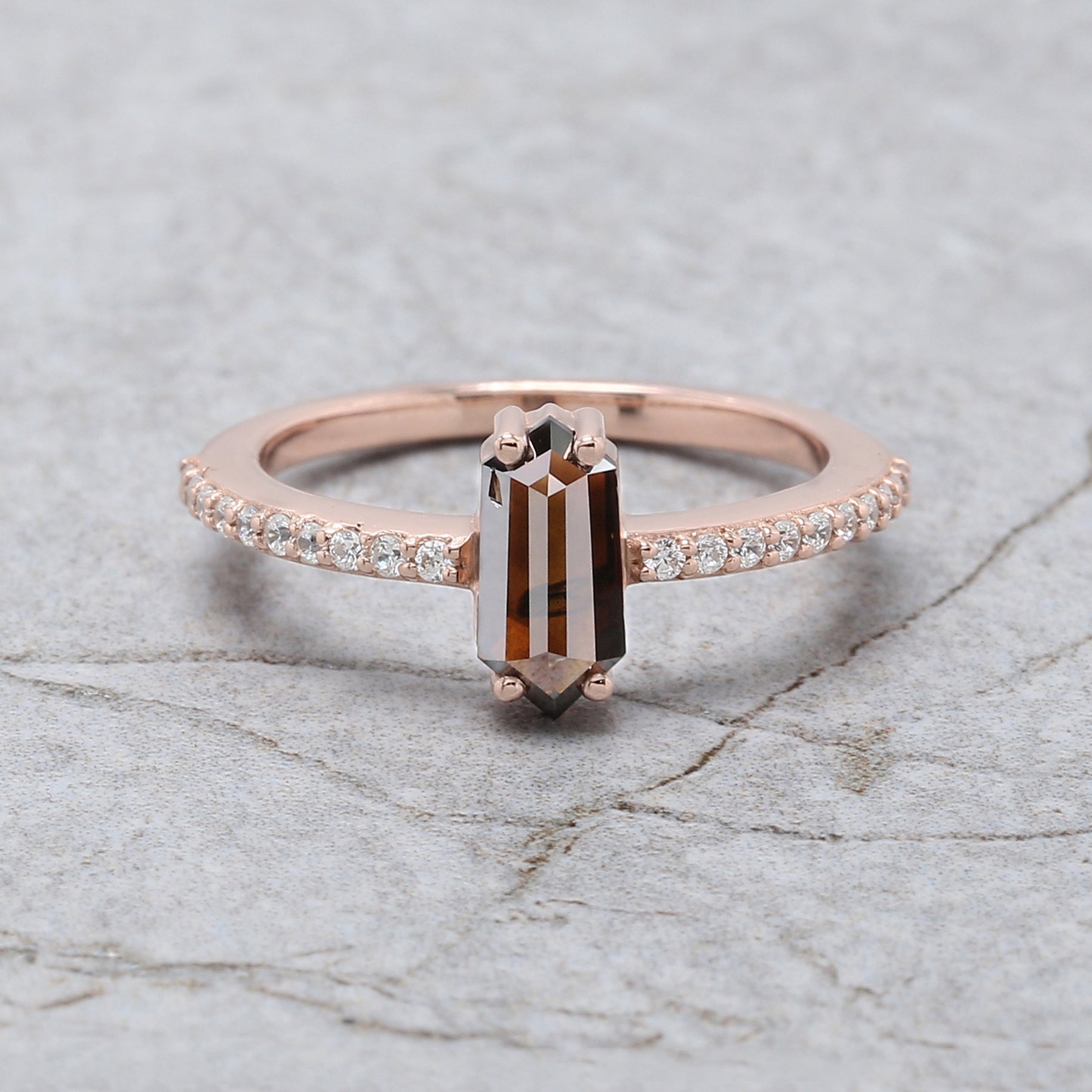 Hexagon Cut Brown Color Diamond Ring 0.80 Ct 8.85 MM Hexagon Diamond Ring 14K Solid Rose Gold Silver Engagement Ring Gift For Her QL1767