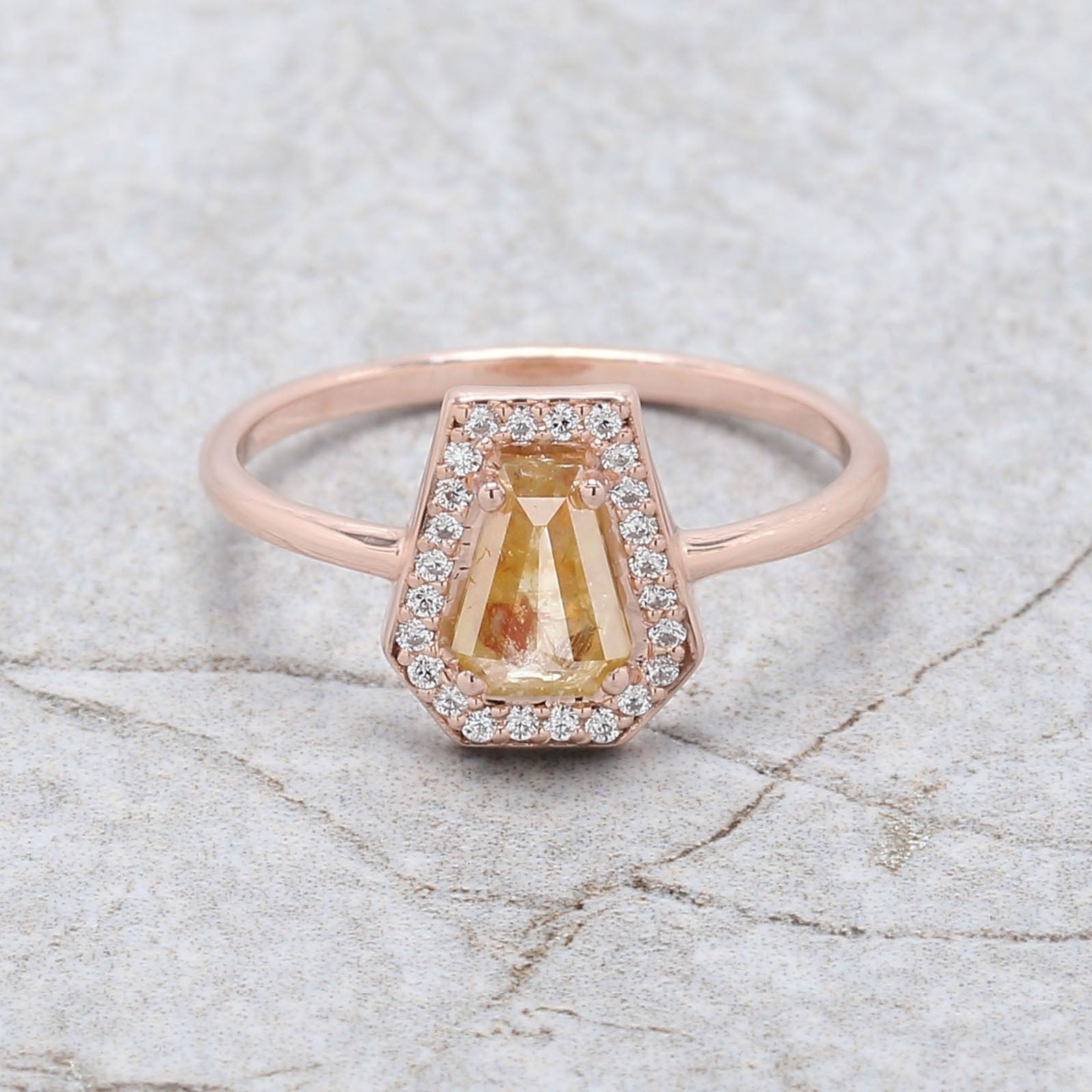 Coffin Cut Yellow Color Diamond Ring 0.66 Ct 6.56 MM Coffin Diamond Ring 14K Solid Rose Gold Silver Engagement Ring Gift For Her QN1988