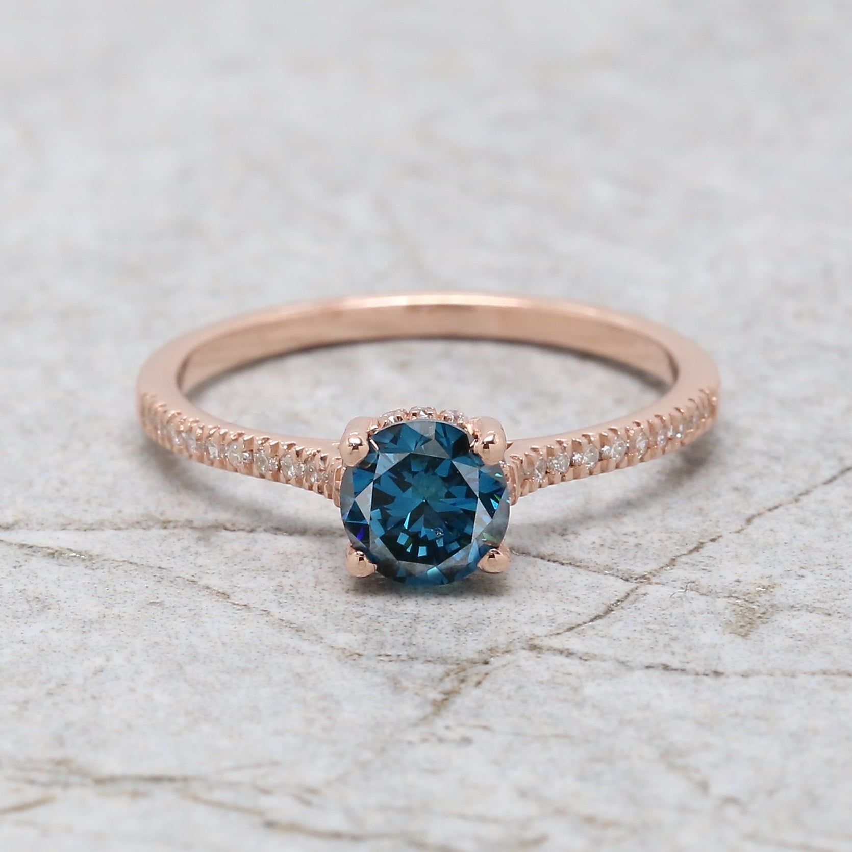 Round Shape Blue Color Diamond Ring 0.66 Ct 5.55 MM Round Cut Diamond Ring 14K Solid Rose Gold Silver Engagement Ring Gift For Her QL9739