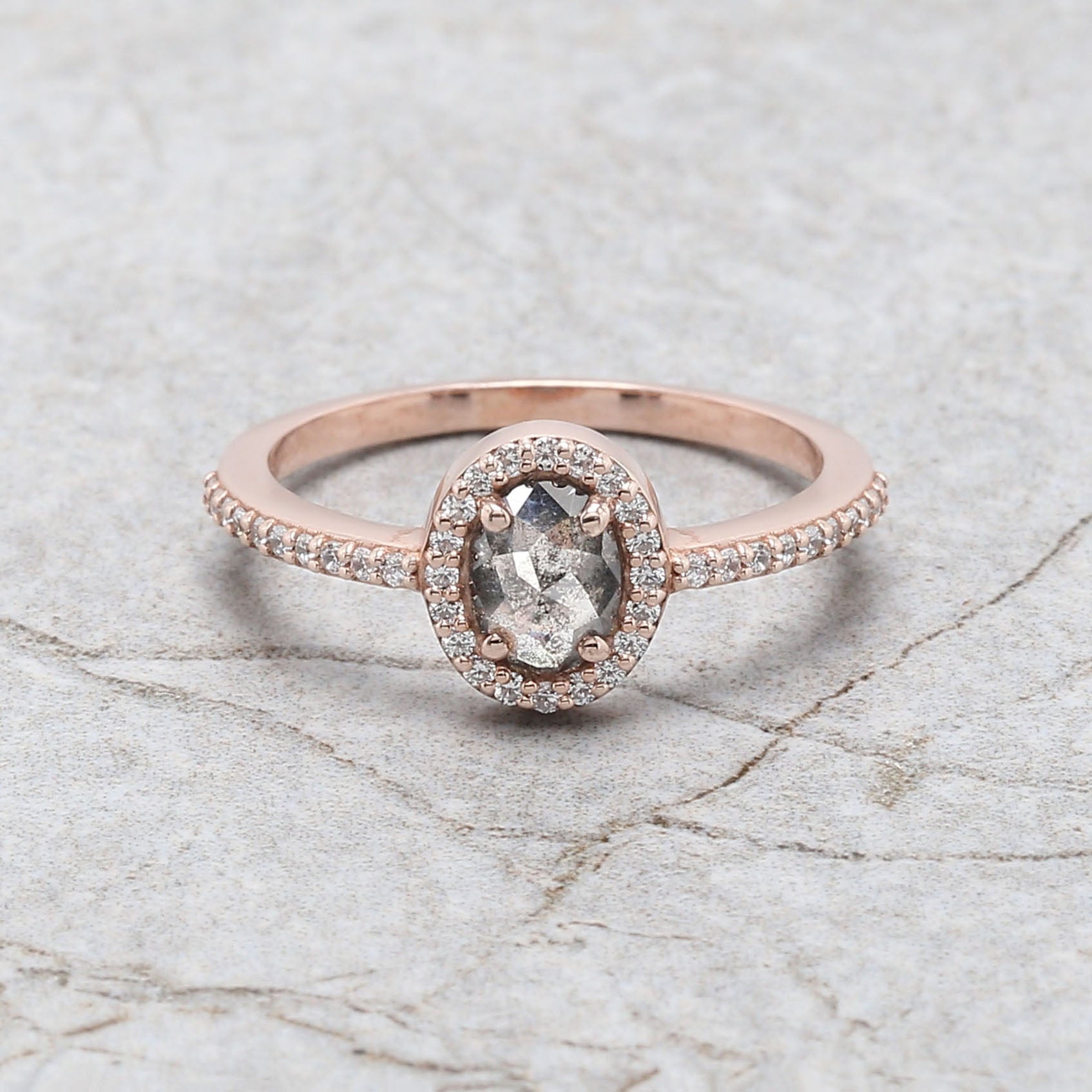 Oval Cut Salt And Pepper Diamond Ring 0.52 Ct 5.85 MM Oval Diamond Ring 14K Solid Rose Gold Silver Oval Engagement Ring Gift For Her QN1147
