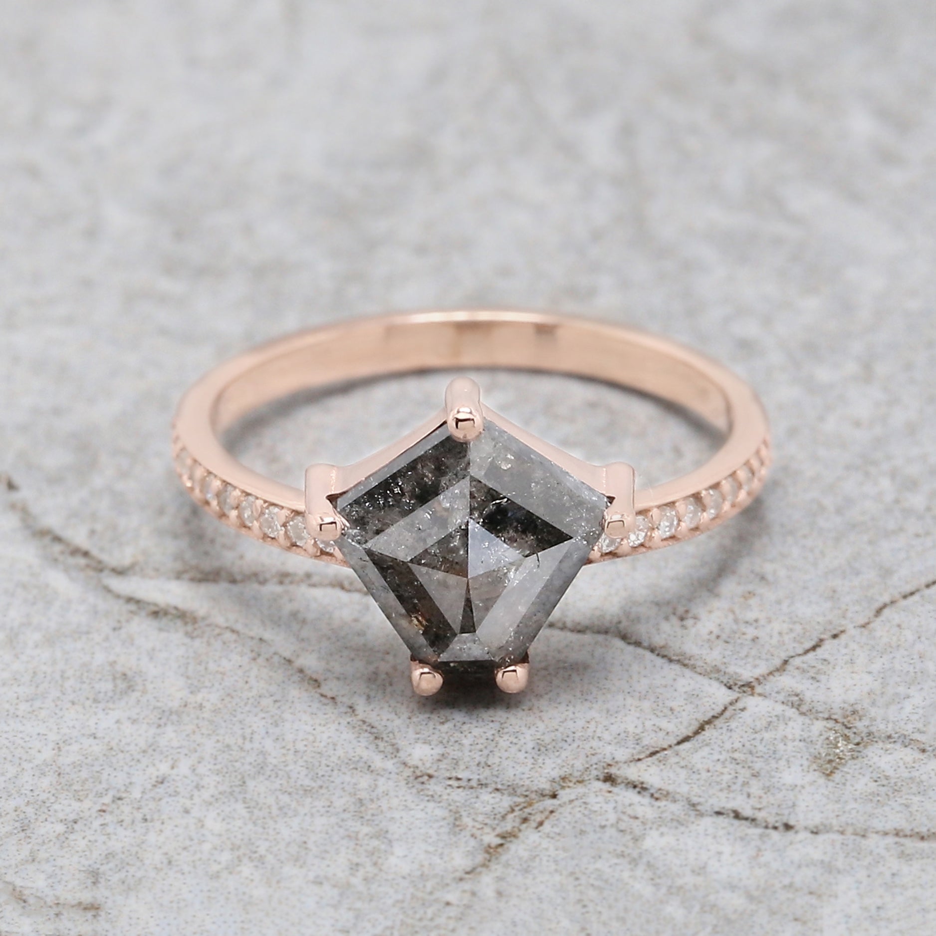 Pentagon Cut Salt And Pepper Diamond Ring 2.03 Ct 8.70 MM Pentagon Diamond Ring 14K Rose Gold Silver Engagement Ring Gift For Her QL9999