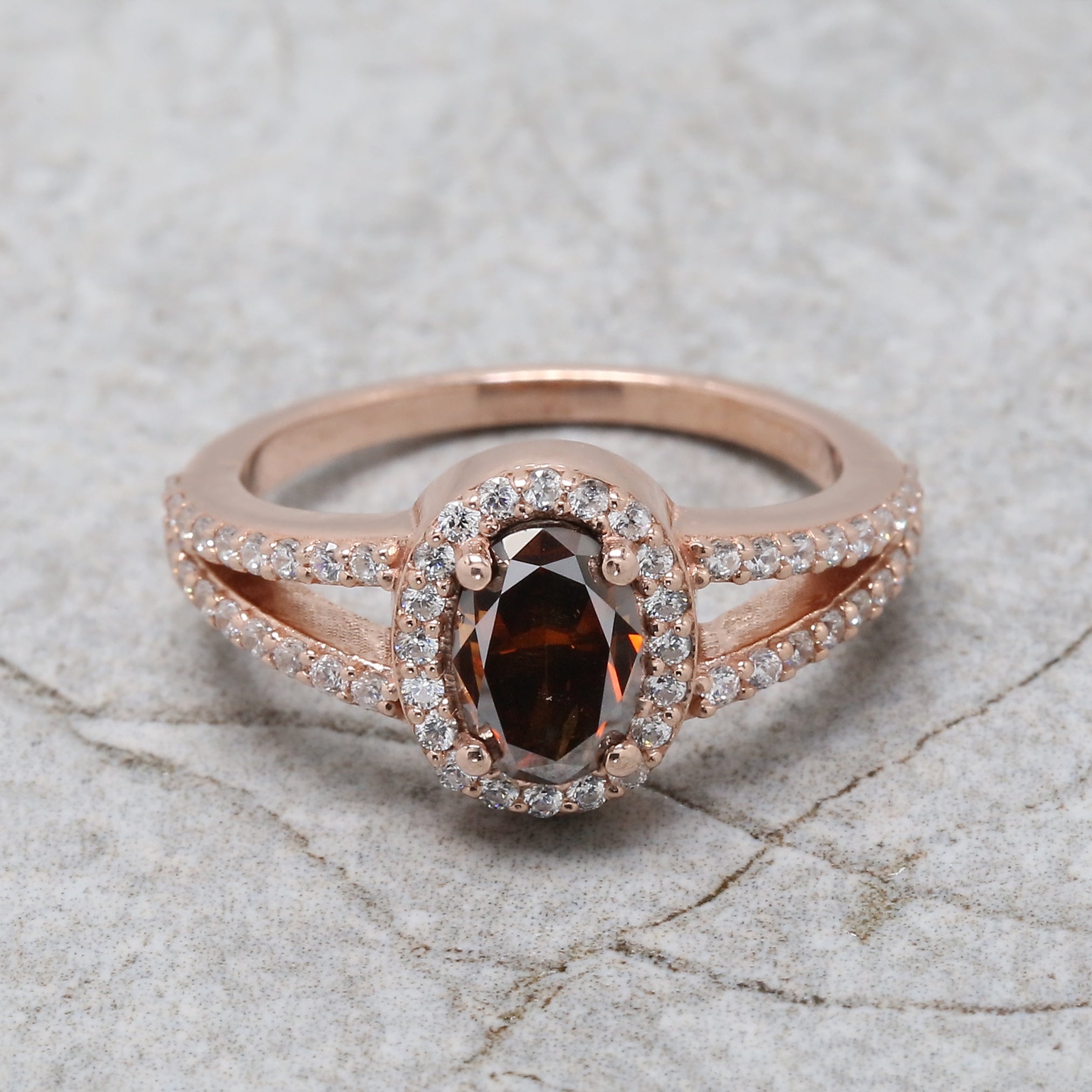 Oval Cut Brown Color Diamond Ring 1.37 Ct 7.65 MM Oval Shape Diamond Ring 14K Solid Rose Gold Silver Engagement Ring Gift For Her QL1773