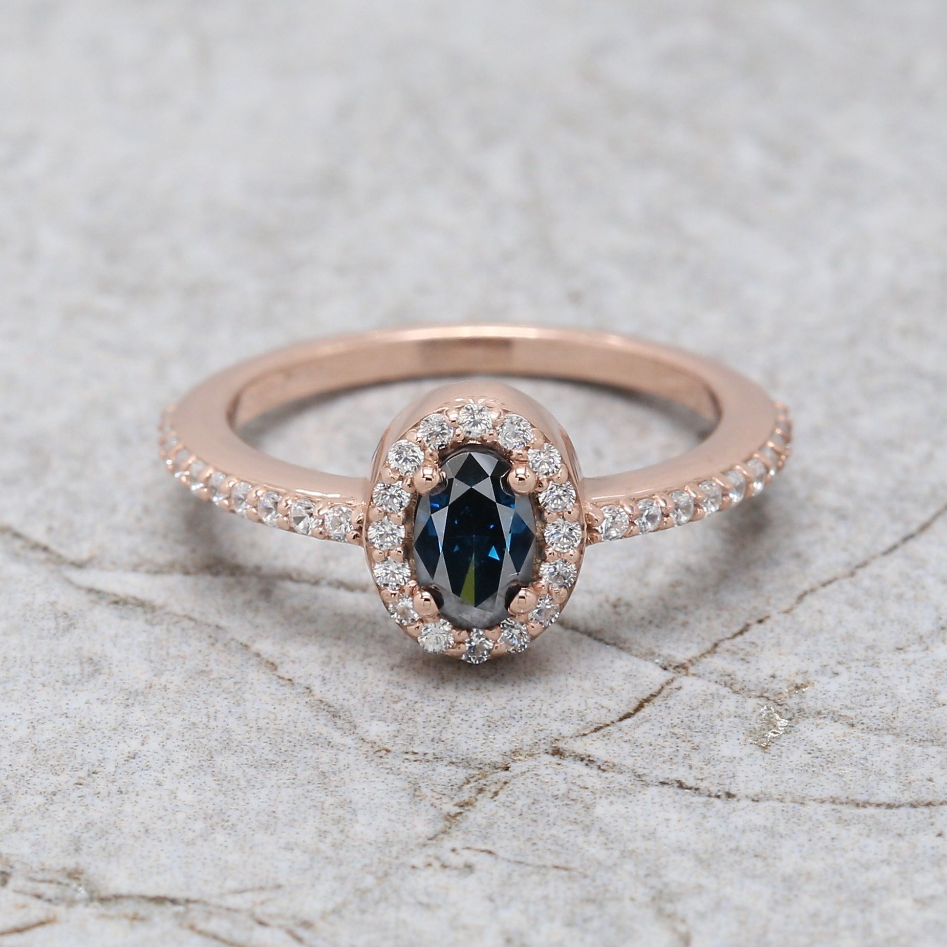 Oval Cut Blue Color Diamond Ring 0.55 Ct 6.00 MM Blue Oval Shape Diamond Ring 14K Solid Rose Gold Silver Engagement Ring Gift For Her QL8522