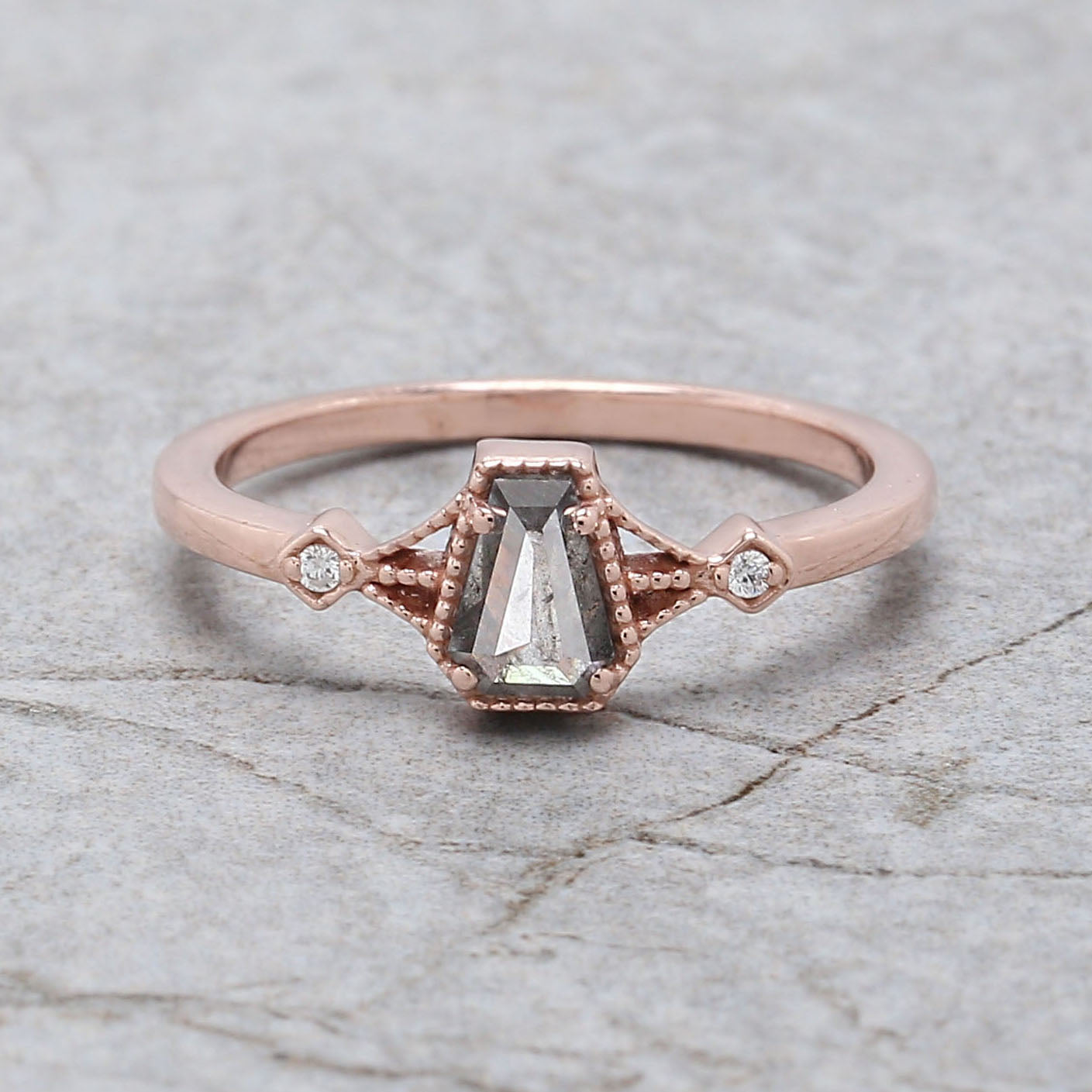 Coffin Cut Salt And Pepper Diamond Ring 0.42 Ct 5.56 MM Coffin Diamond Ring 14K Solid Rose Gold Silver Engagement Ring Gift For Her QL2159