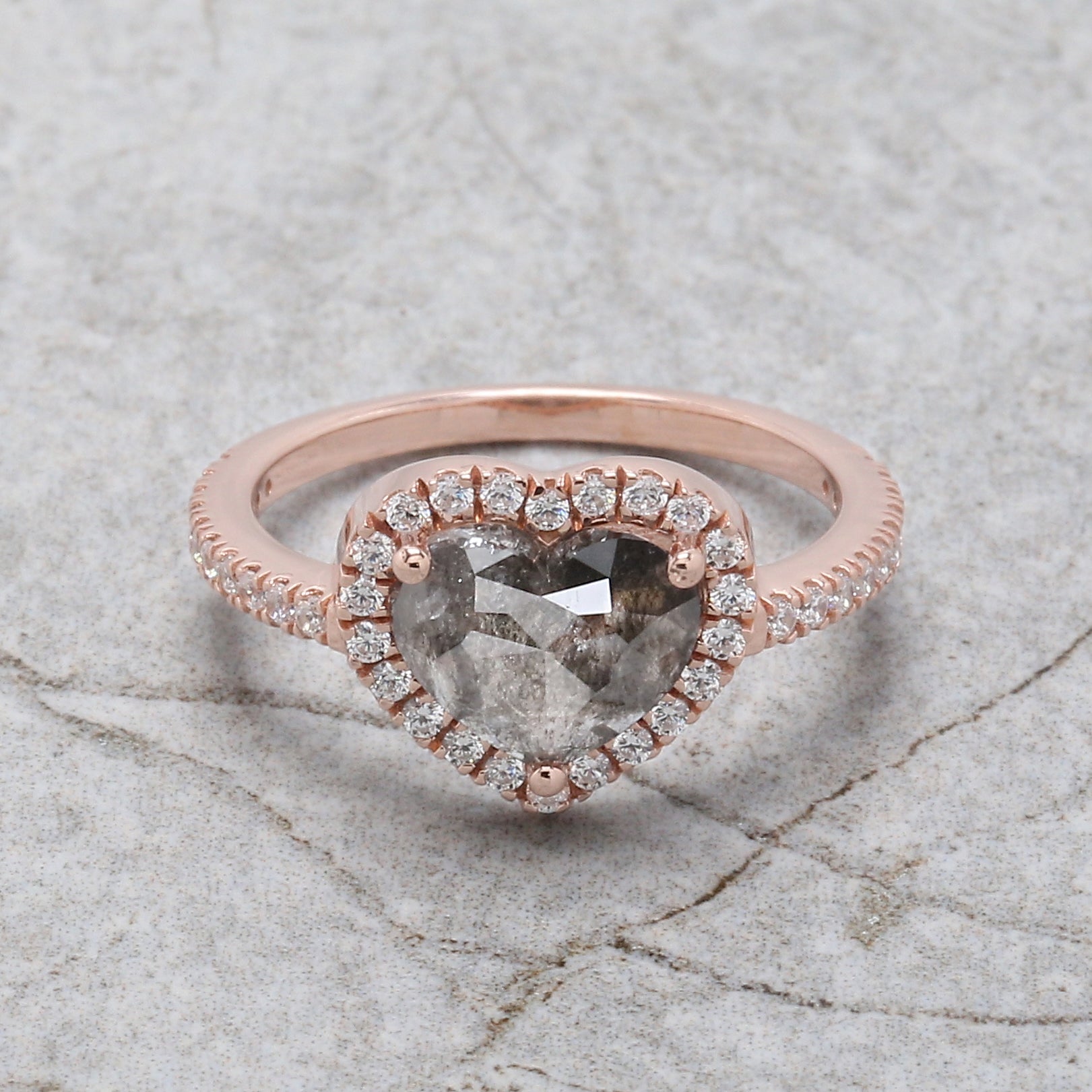 Heart Salt And Pepper Diamond Ring 1.39 Ct 7.20 MM Heart Shape Diamond Ring 14K Solid Rose Gold Silver Engagement Ring Gift For Her QL1938