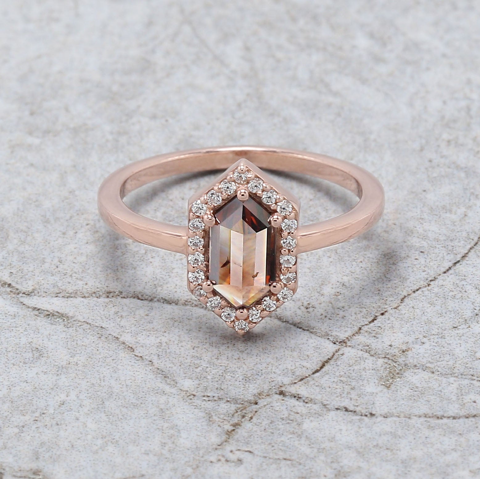Hexagon Brown Color Diamond Ring 0.65 Ct 8.05 MM Hexagon Shape Diamond Ring 14K Solid Rose Gold Silver Engagement Ring Gift For Her QL1861