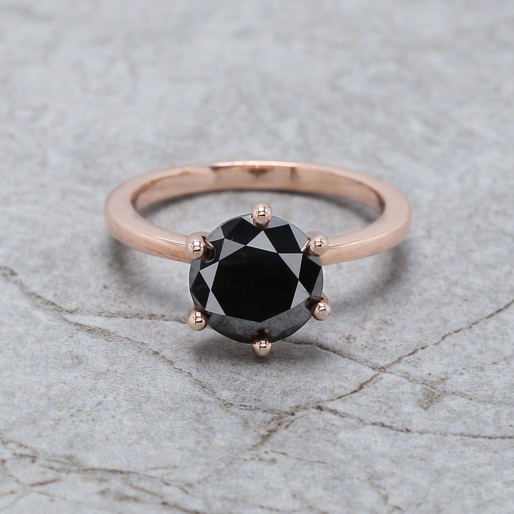 Round Cut Black Color Diamond Ring 2.65 Ct 8.55 MM Round Shape Diamond Ring 14K Solid Rose Gold Silver Engagement Ring Gift For Her QL9631