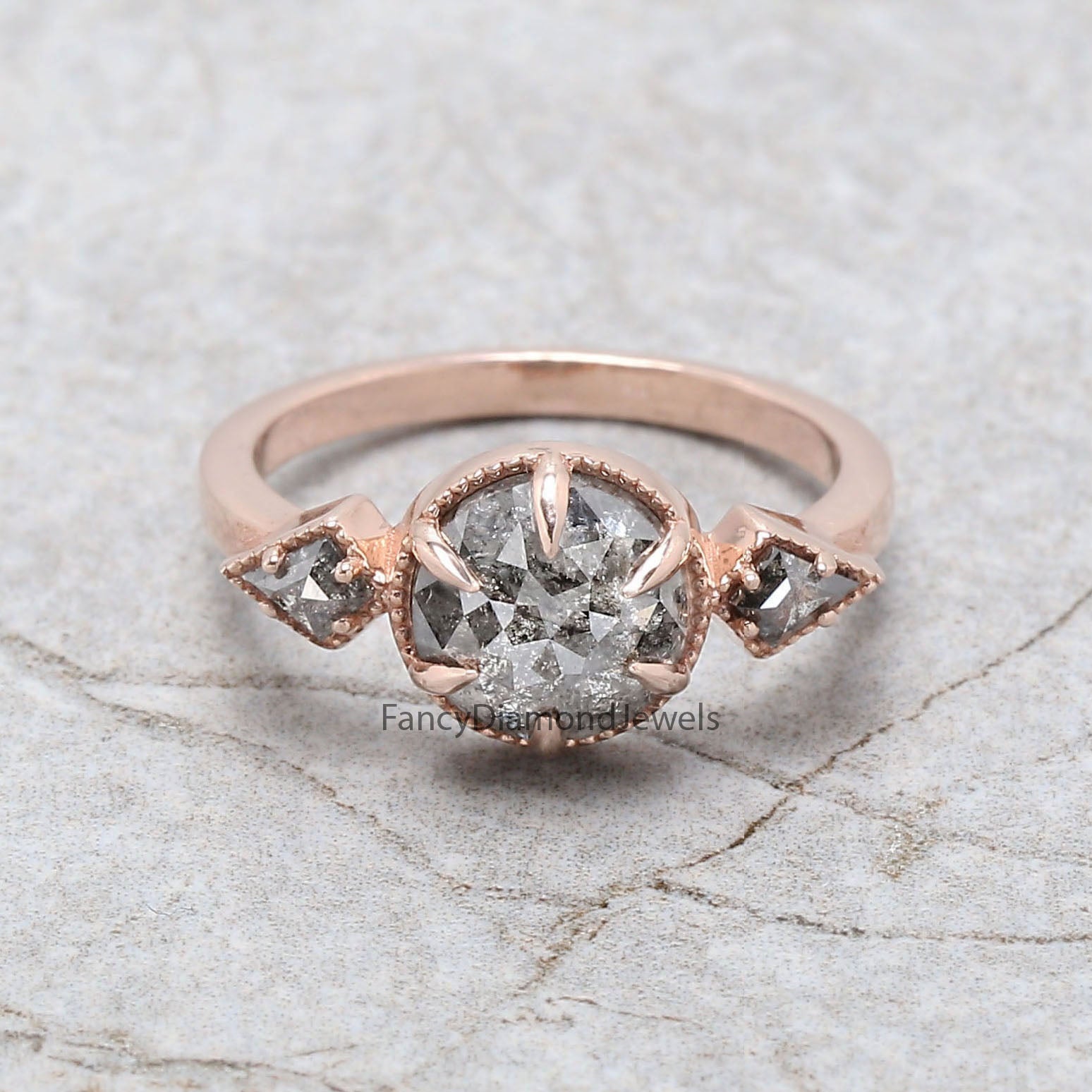2.21 Ct Natural Round Rose Cut Salt And Pepper Diamond Ring 8.00 MM Round Diamond Ring 14K Solid Rose Gold Silver Engagement Ring QL1093