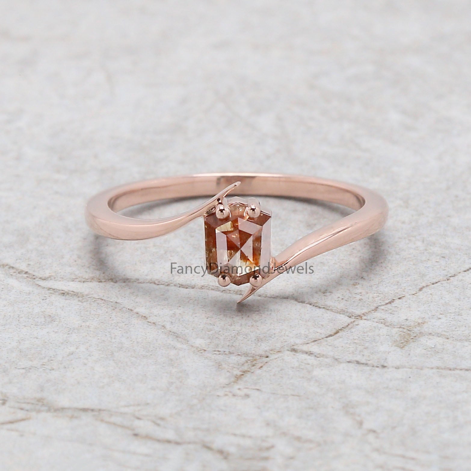 Hexagon Brown Color Diamond Ring 0.46 Ct 5.29 MM Hexagon Shape Diamond Ring 14K Solid Rose Gold Silver Engagement Ring Gift For Her QK2594