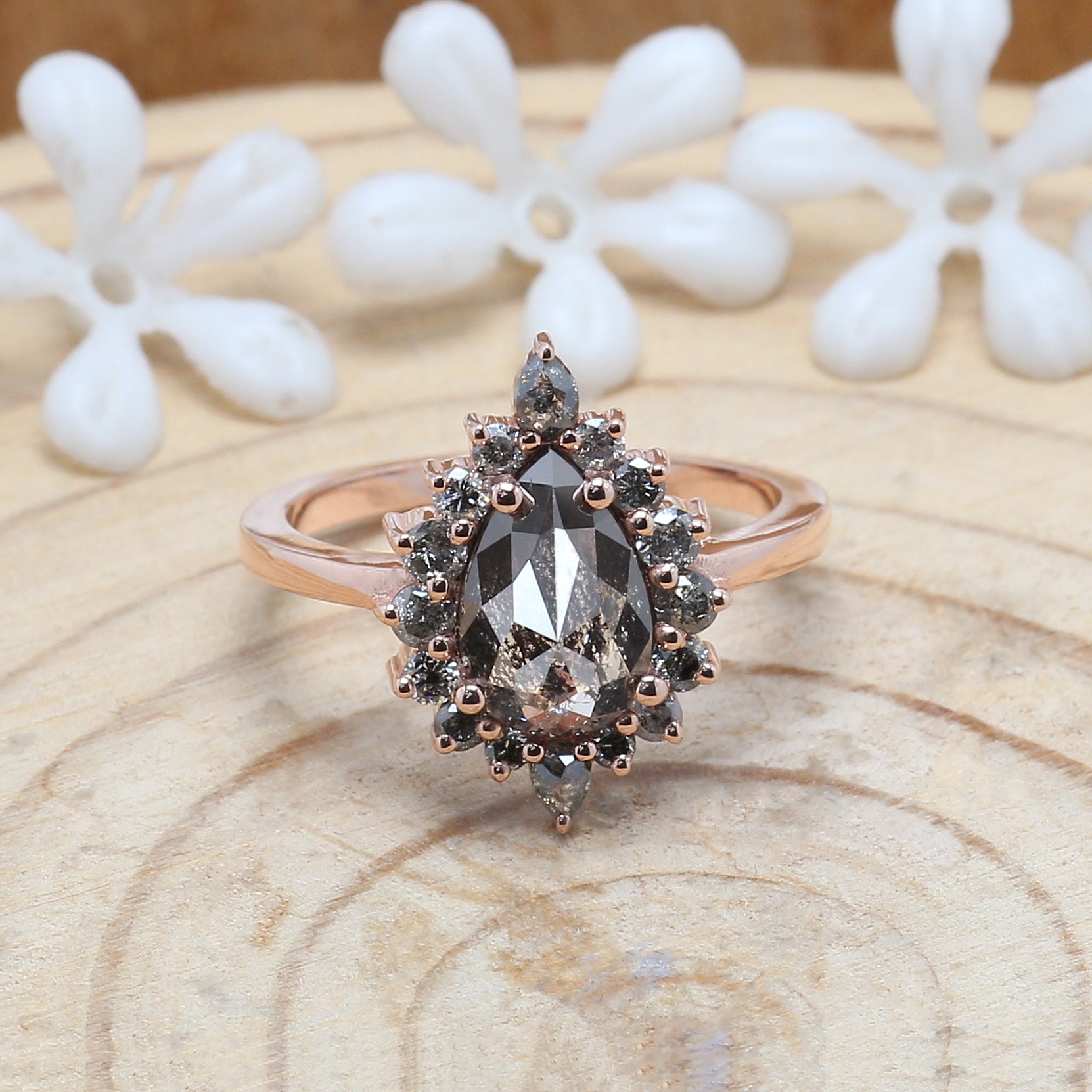 1.69 CT Salt And Pepper Ring, Pear Diamond Ring, Engagement Ring, 14K Rose Gold Ring, Rose Cut Ring, Wedding Ring, Gift For Her KDL691