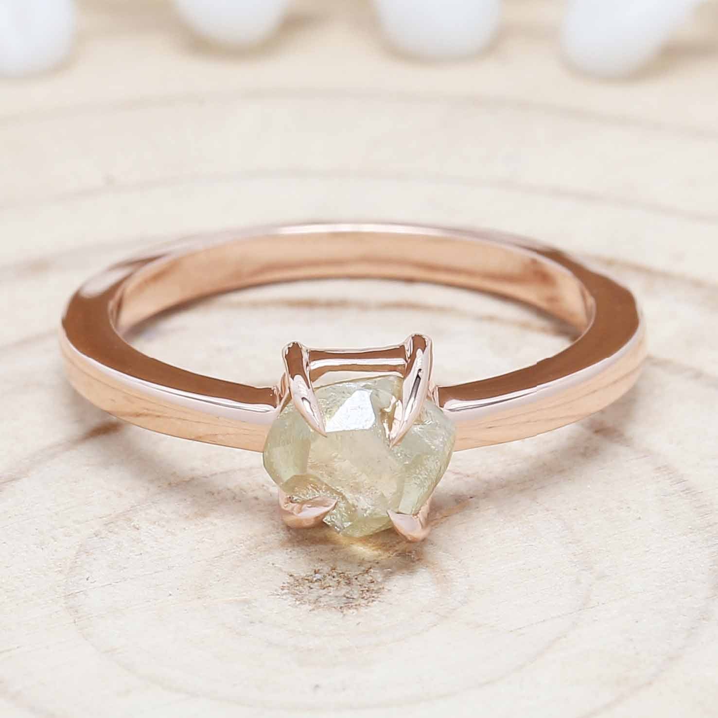 Yellow Green Rough Diamond 14K Solid Rose White Yellow Gold Ring Engagement Wedding Gift Ring KD880