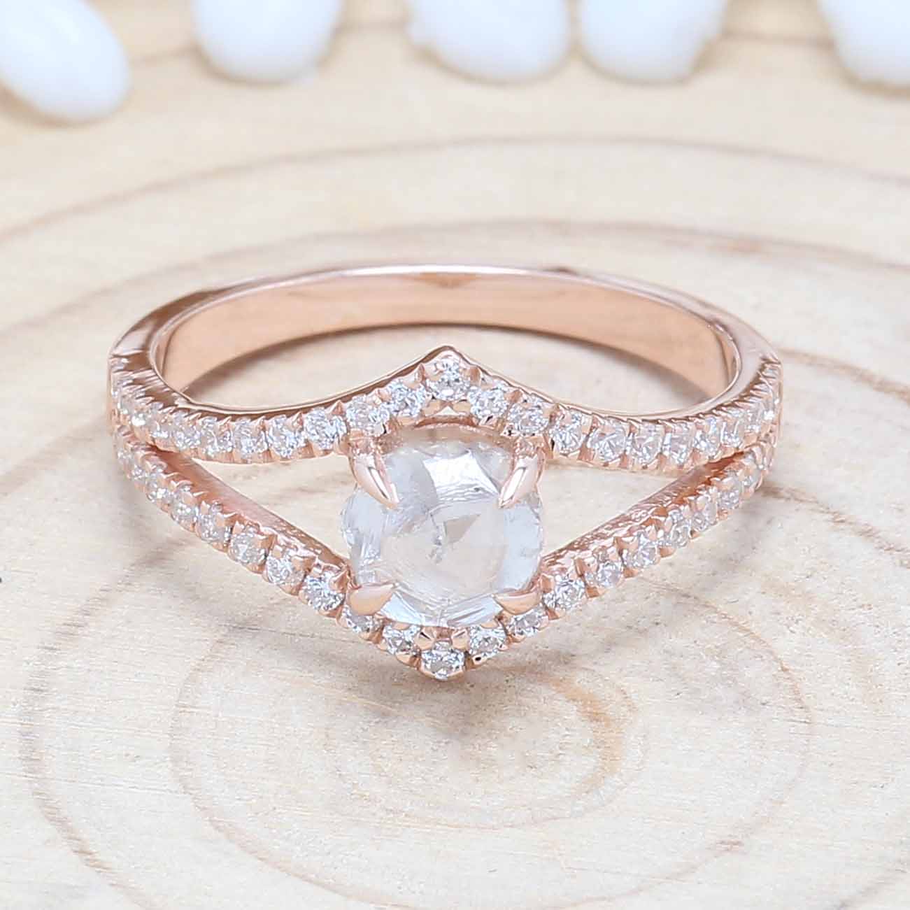 White Rough Diamond 14K Solid Rose White Yellow Gold Ring Engagement Wedding Gift Ring KD876