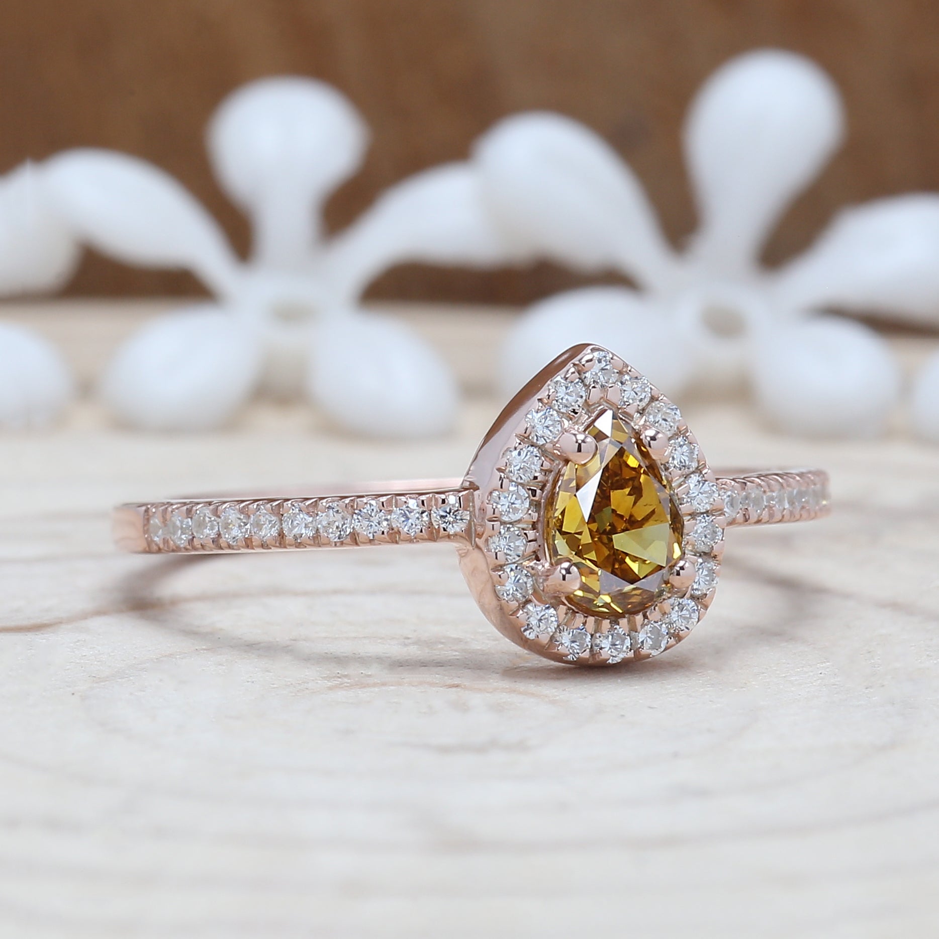 Yellow Brown Pear Diamond 14K Solid Rose White Yellow Gold Ring Engagement Wedding Gift Ring KDN9828