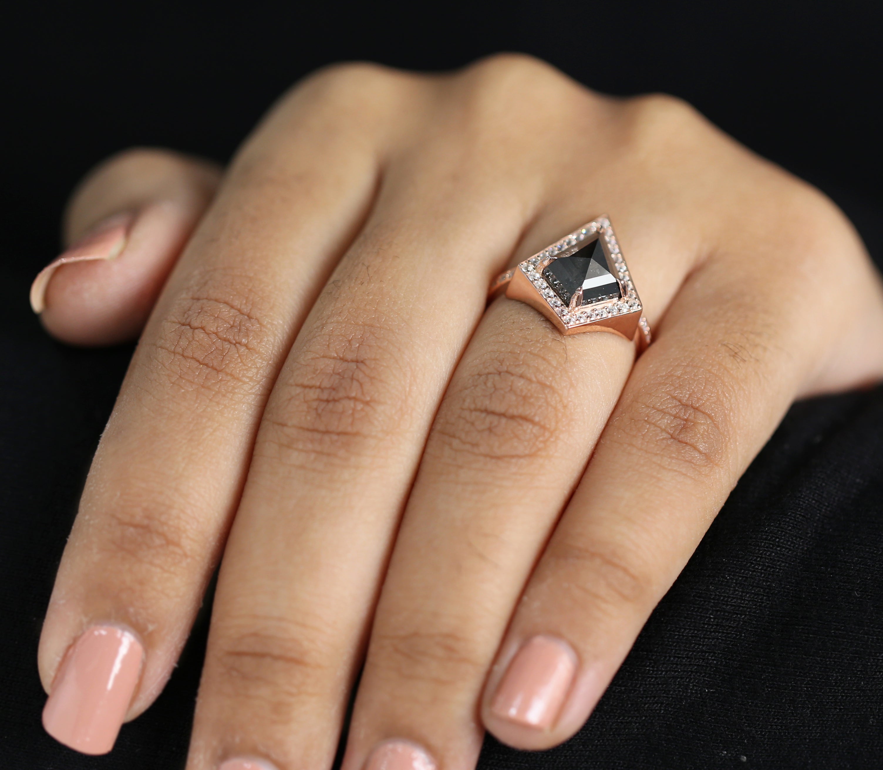 Kite Cut Salt And Pepper Diamond Ring 2.71 Ct 12.03 MM Kite Diamond Ring 14K Solid Rose Gold Silver Kite Engagement Ring Gift For Her QL2121