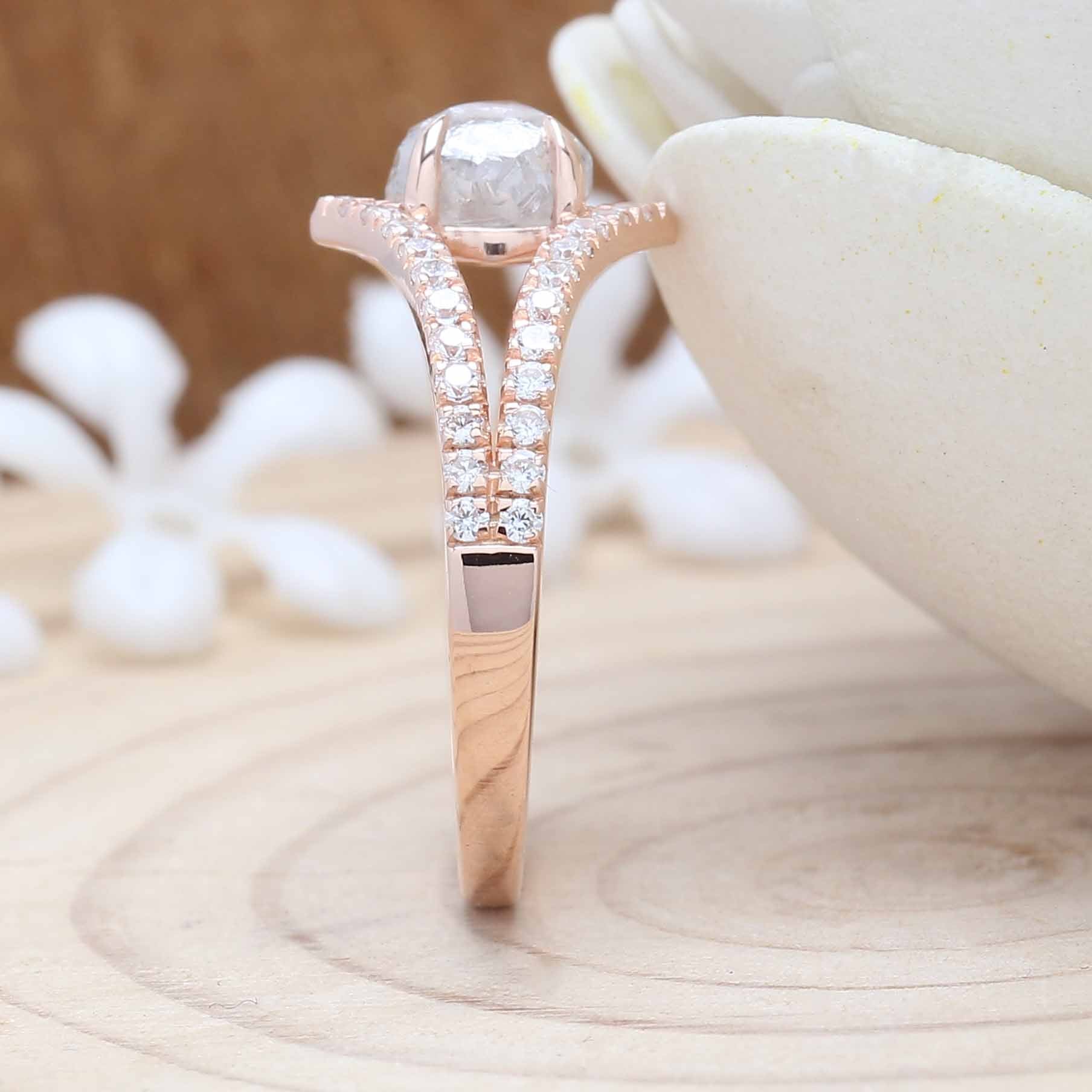 White Rough Diamond 14K Solid Rose White Yellow Gold Ring Engagement Wedding Gift Ring KD876