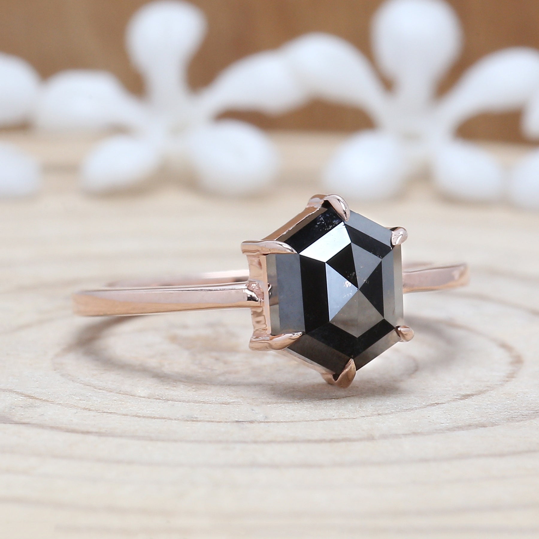 Hexagon Cut Black Color Diamond Ring 2.28 Ct 8.50 MM Hexagon Diamond Ring 14K Rose Gold Silver Hexagon Engagement Ring Gift For Her QL9576