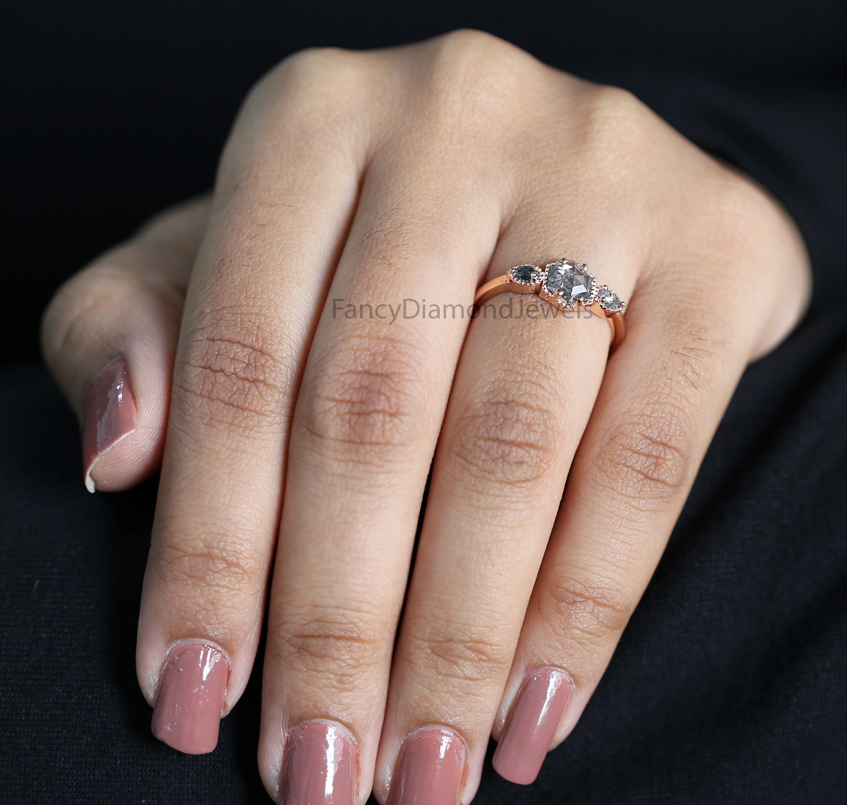 Hexagon Cut Salt And Pepper Diamond Ring 0.72 Ct 6.29 MM Hexagon Cut Diamond Ring 14K Rose Gold Silver Engagement Ring Gift For Her QL2741