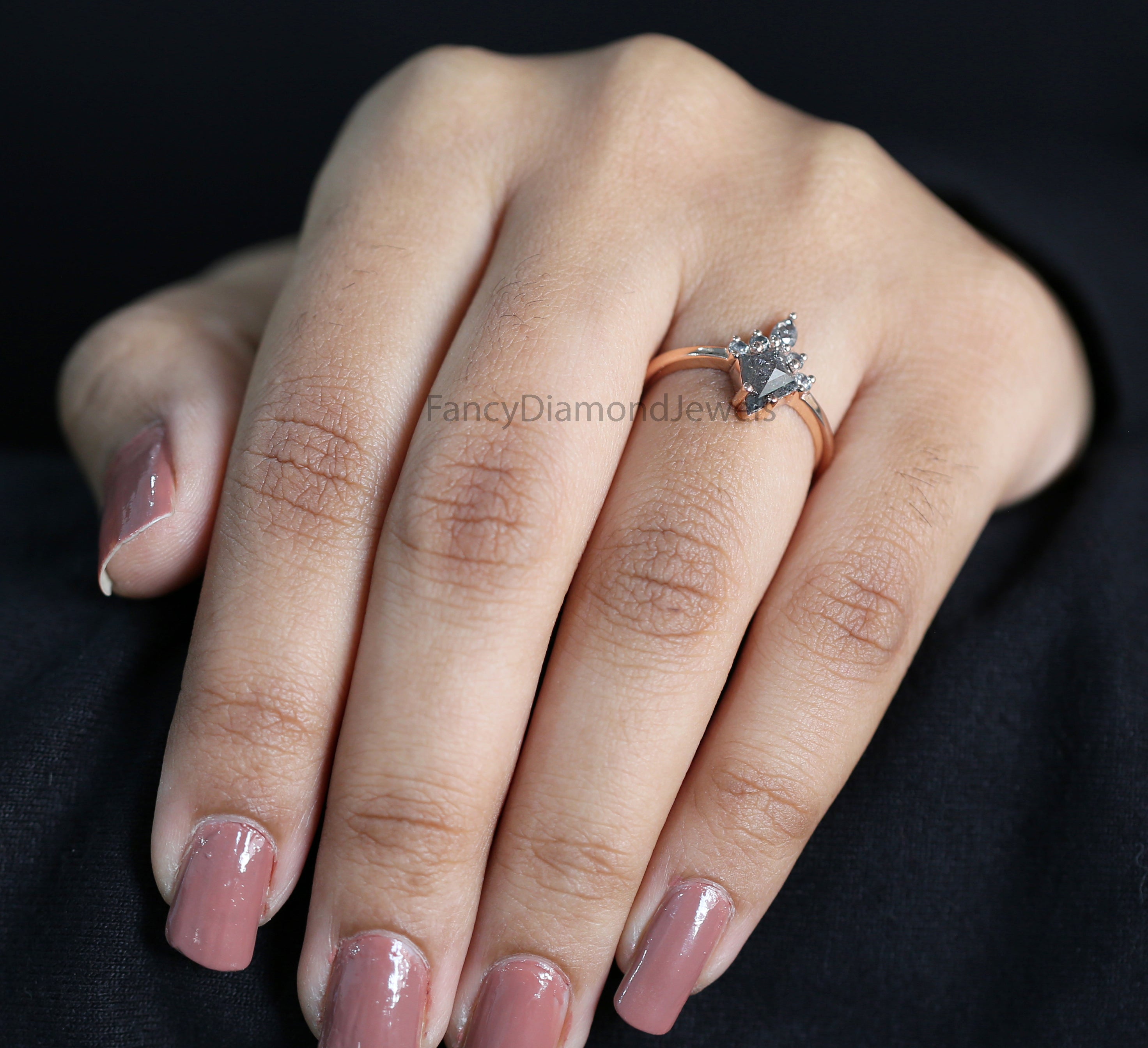 Kite Cut Salt And Pepper Diamond Ring 0.72 Ct 8.15 MM Kite Diamond Ring 14K Solid Rose Gold Silver Kite Engagement Ring Gift For Her QL2538