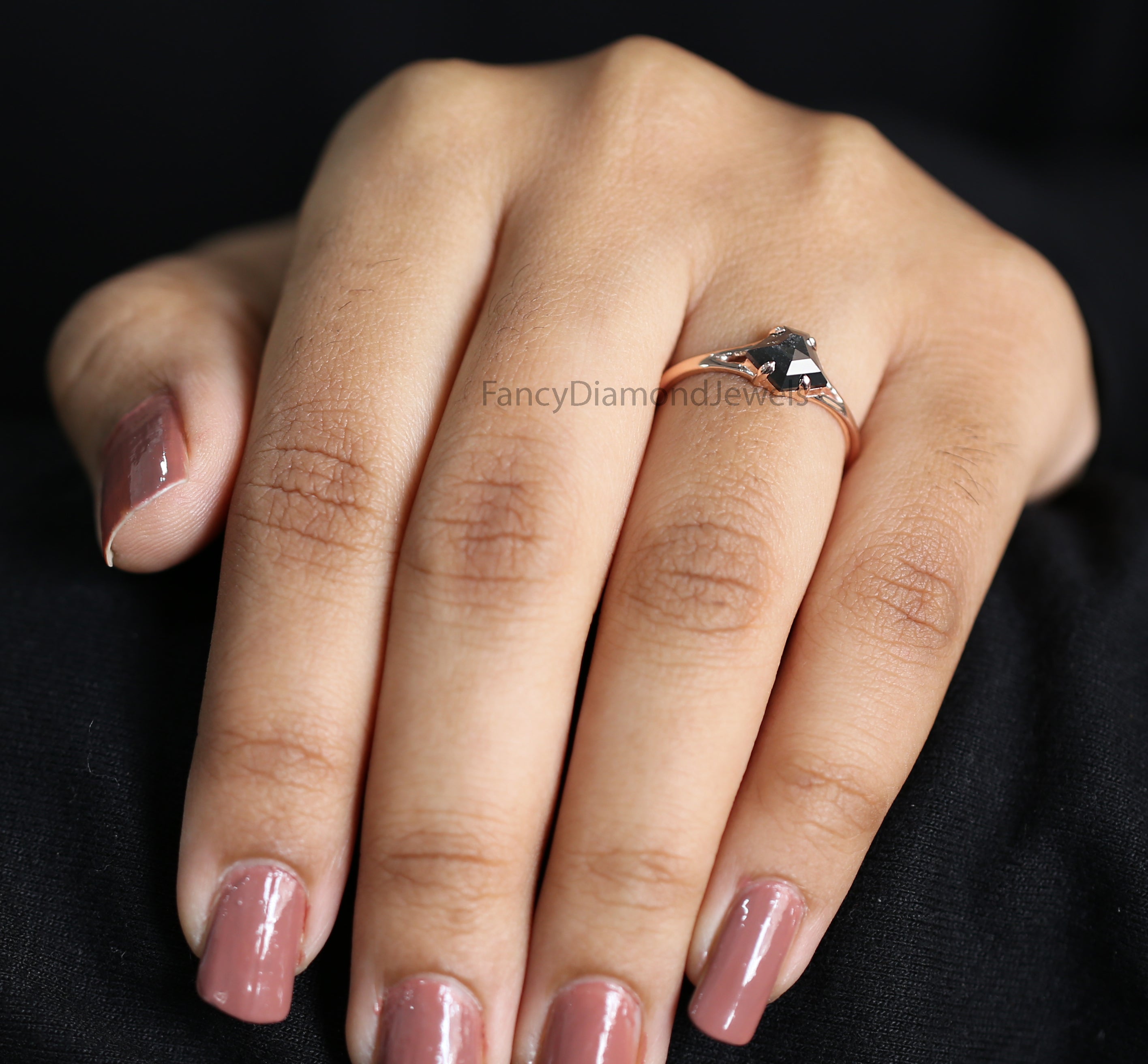 Pentagon Cut Salt And Pepper Diamond Ring 0.64 Ct 6.50 MM Pentagon Diamond Ring 14K Rose Gold Silver Engagement Ring Gift For Her QL1356