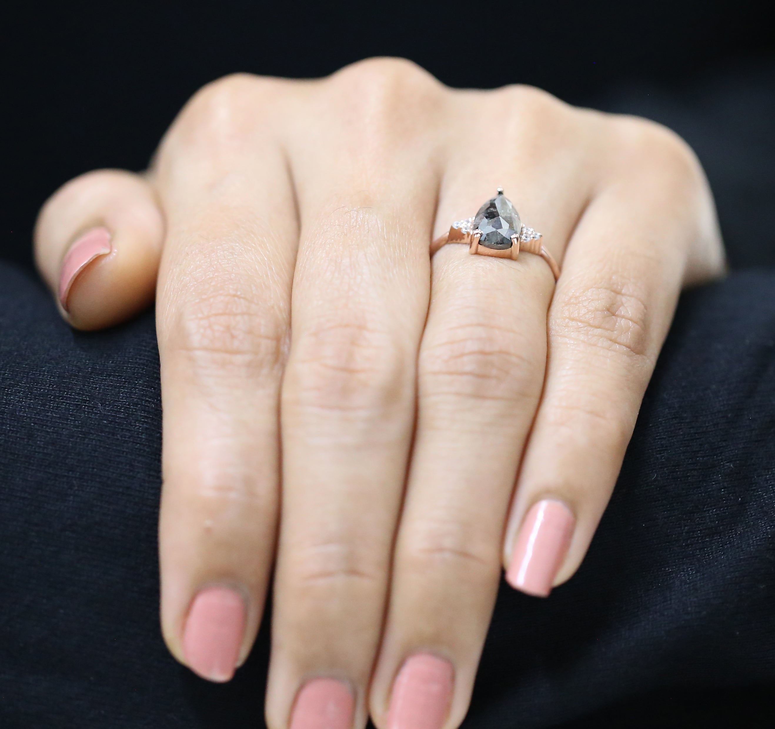 Pear Cut Salt And Pepper Diamond Ring 1.72 Ct 9.65 MM Pear Diamond Ring 14K Solid Rose Gold Silver Pear Engagement Ring Gift For Her QN1339