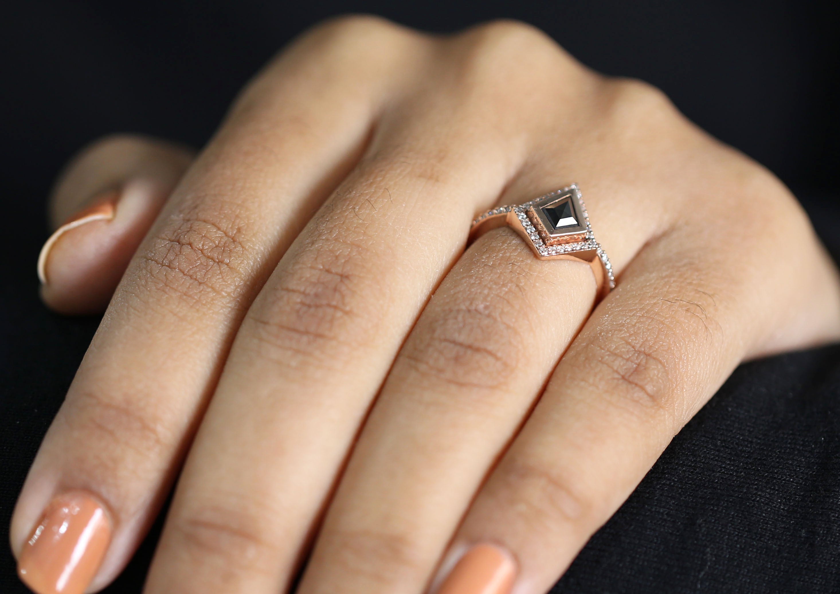 Kite Cut Salt And Pepper Diamond Ring 0.58 Ct 7.31 MM Kite Diamond Ring 14K Solid Rose Gold Silver Kite Engagement Ring Gift For Her QN2488