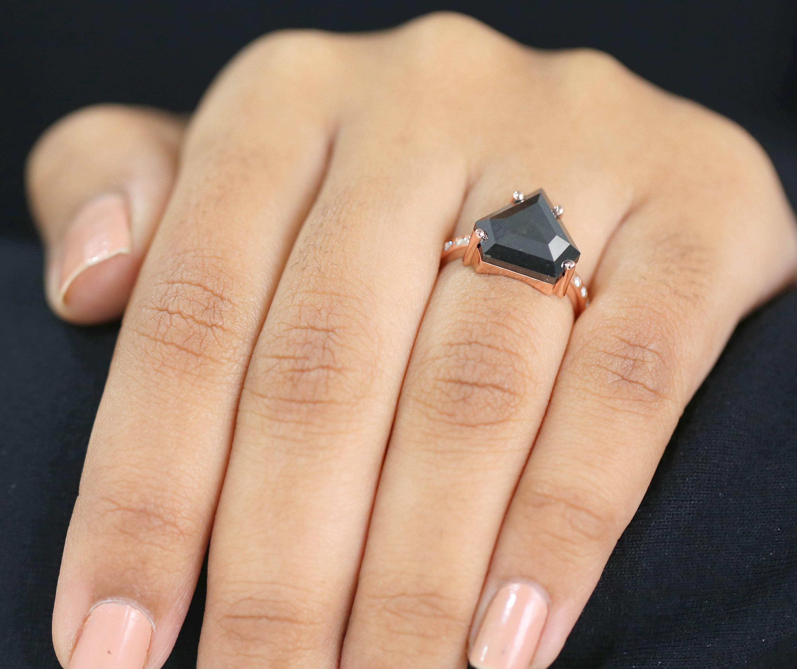 IGI Certified Pentagon Black Color Diamond Ring 5.22 Ct 12.25 MM Pentagon Diamond Ring 14K Solid Rose Gold Silver Engagement Ring QL1898