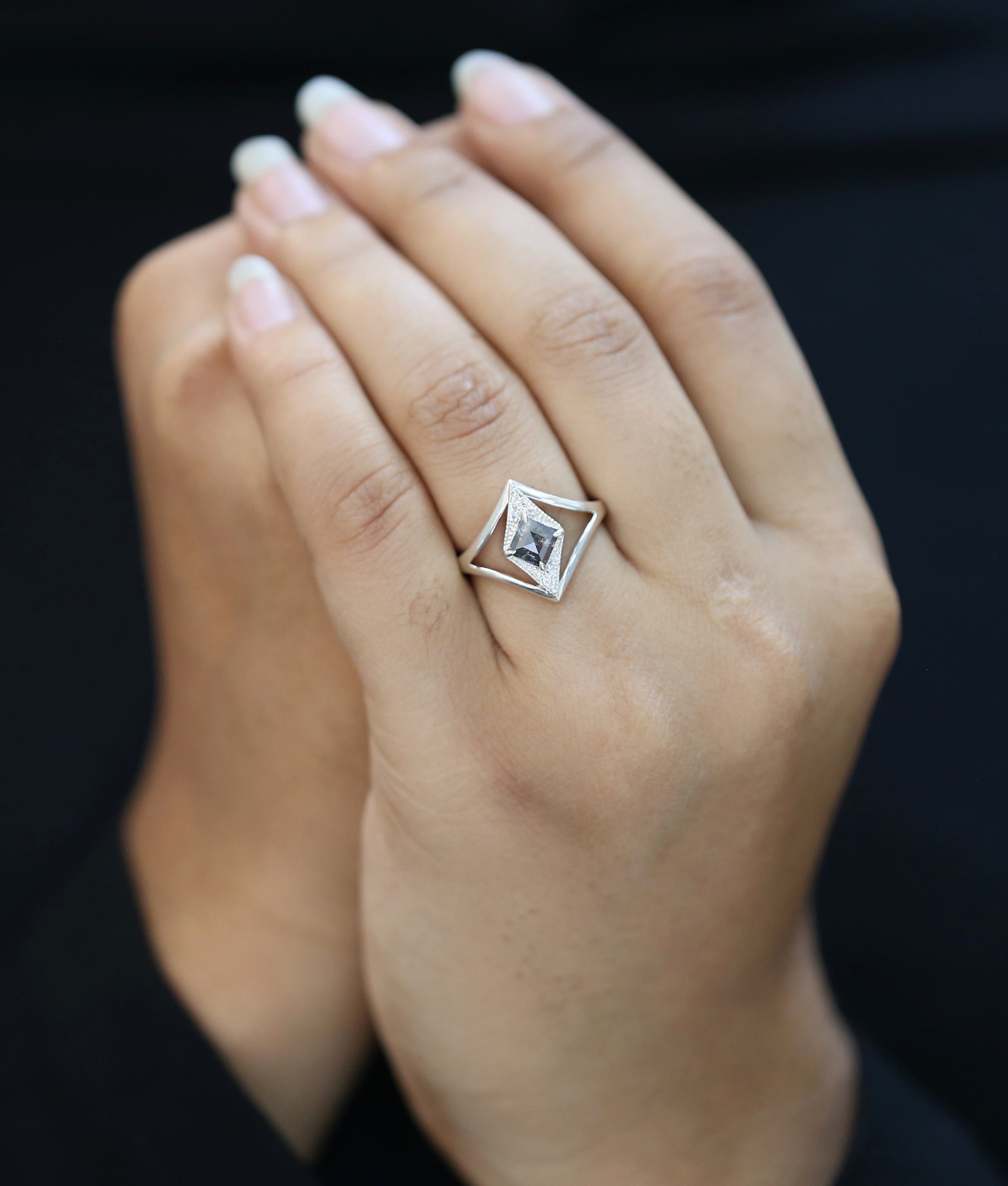 0.82 Ct Natural Kite Salt And Pepper Diamond Ring 7.05 MM Kite Diamond Ring 14K Solid Rose Gold Silver Engagement Ring Spilt Ring QN1650