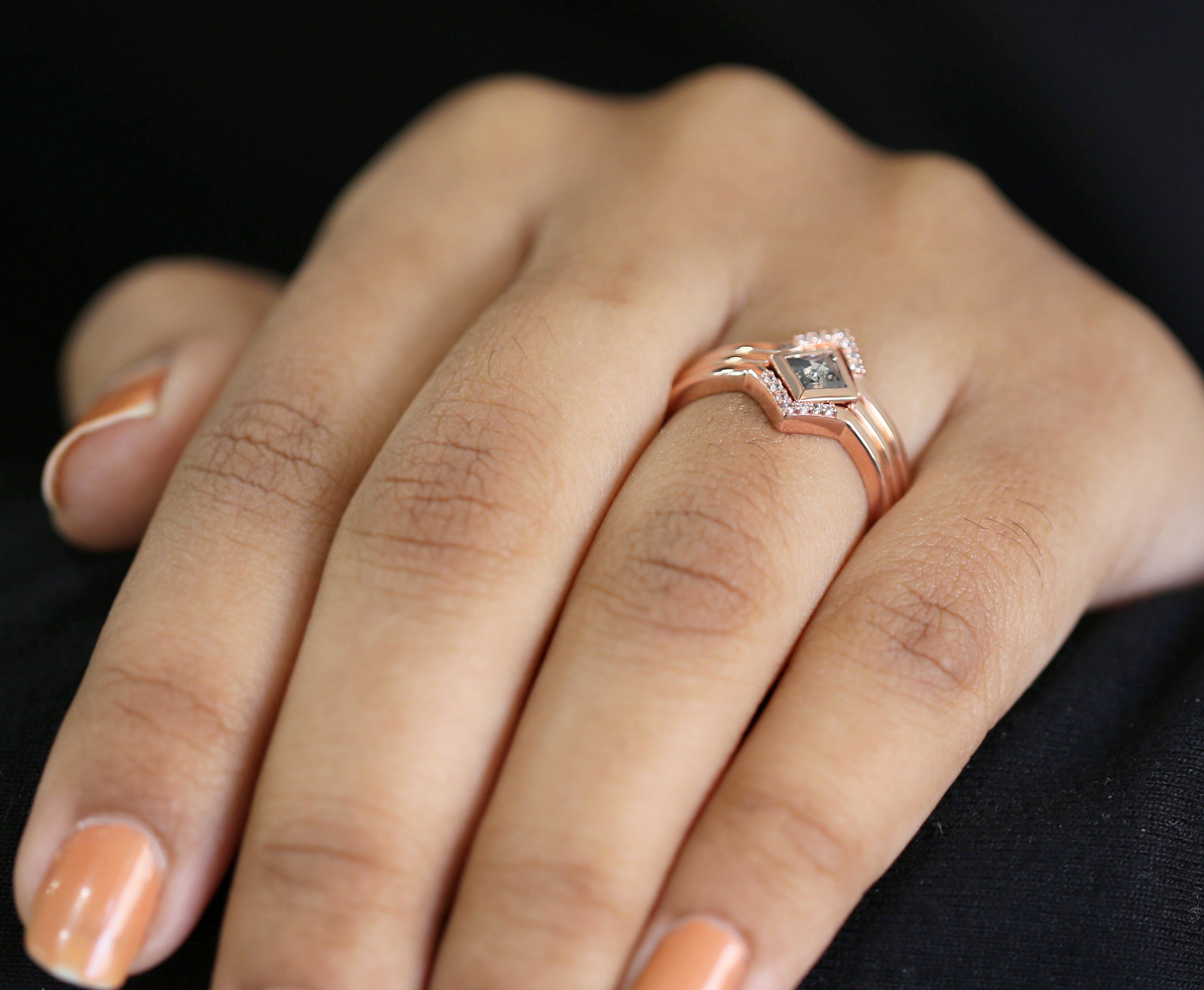 Kite Salt And Pepper Diamond Ring Engagement Wedding Gift Ring 14K Solid Rose White Yellow Gold Ring Set 0.29 CT KD1035