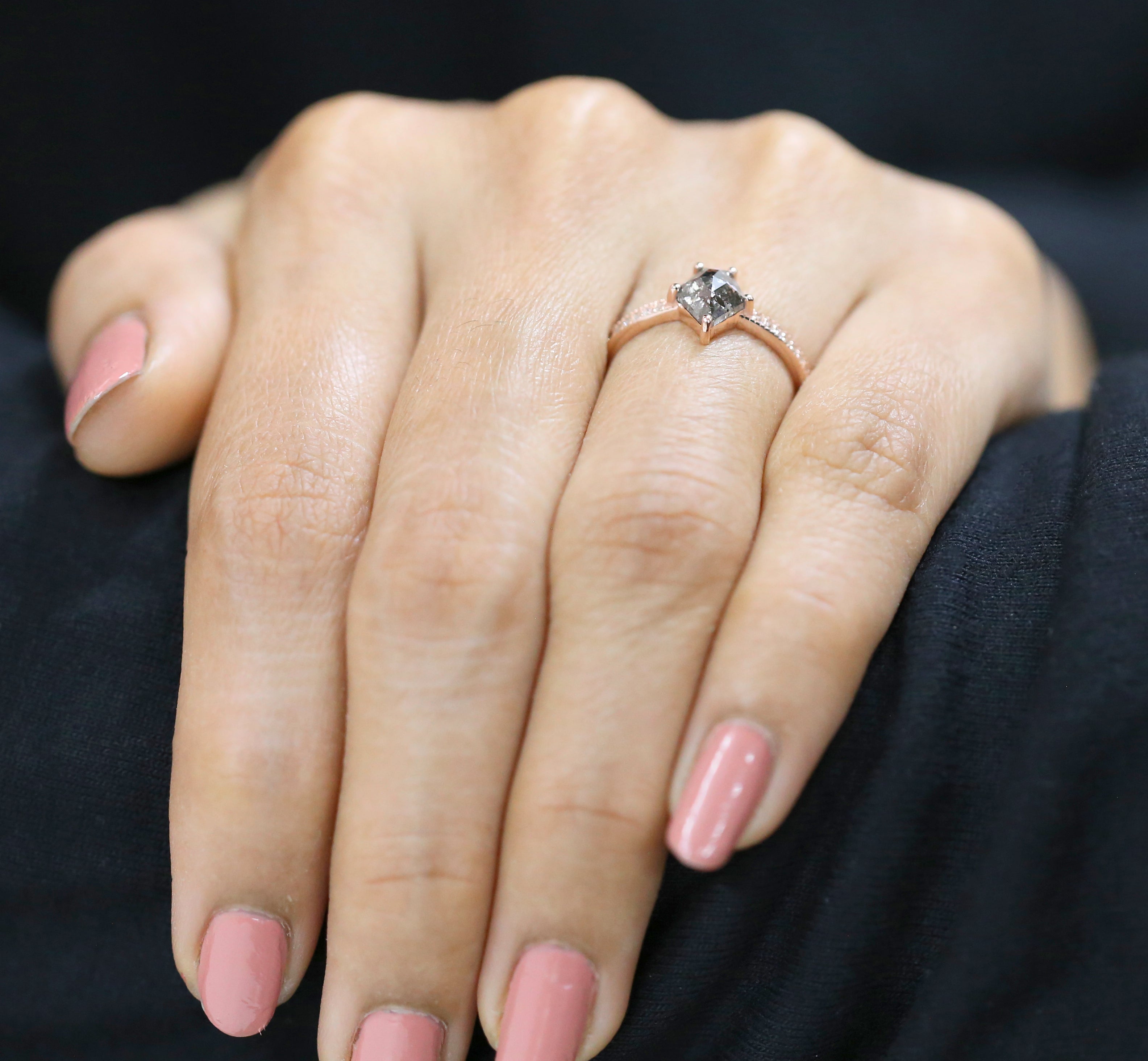 Pentagon Cut Salt And Pepper Diamond Ring 0.97 Ct 7.50 MM Pentagon Diamond Ring 14K Rose Gold Silver Engagement Ring Gift For Her QL8964