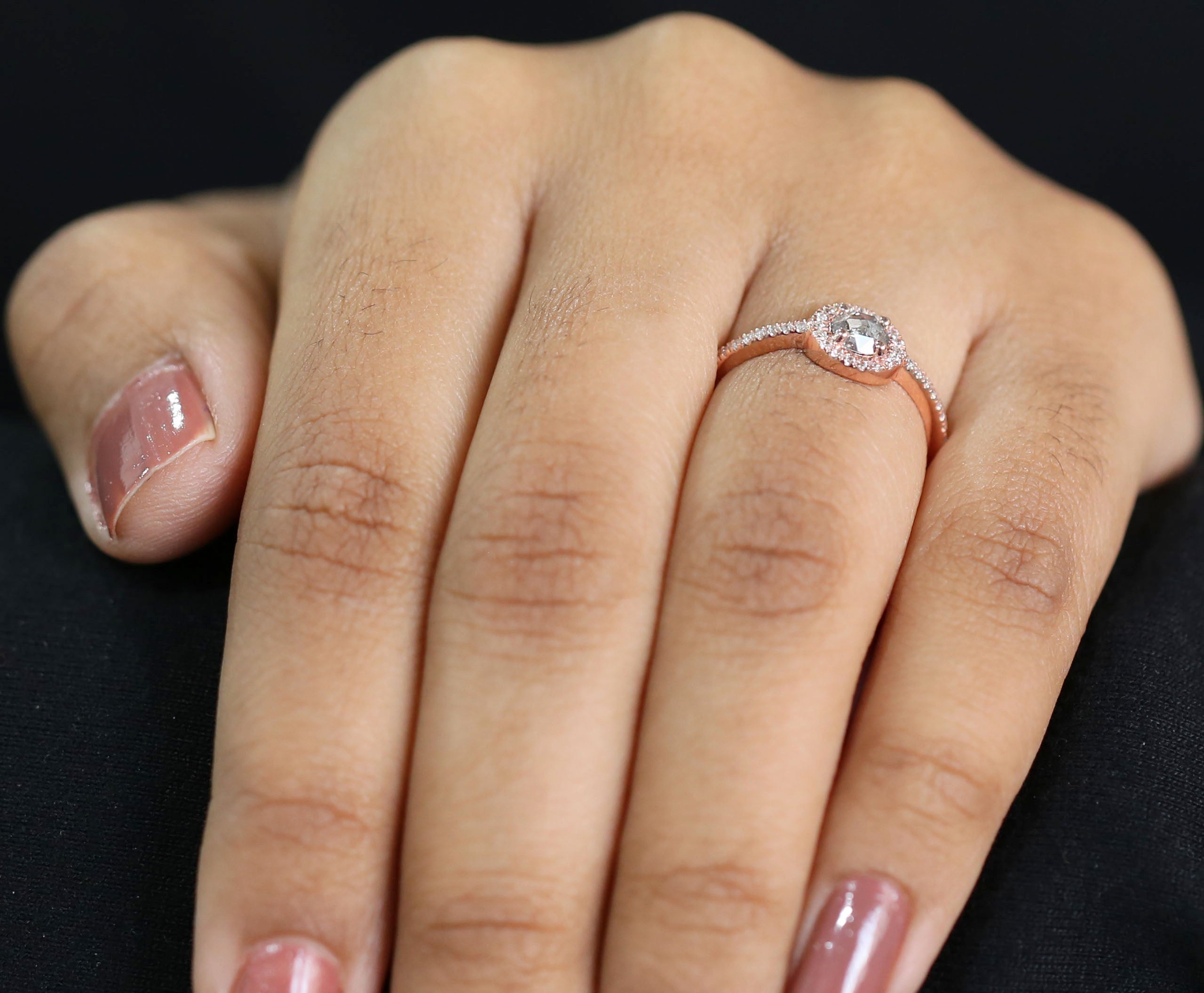 Round Rose Cut salt and pepper Diamond Ring, Natural Salt and pepper Rose Cut Diamond Engagement Ring, Rose Cut Shape Ring KD1058